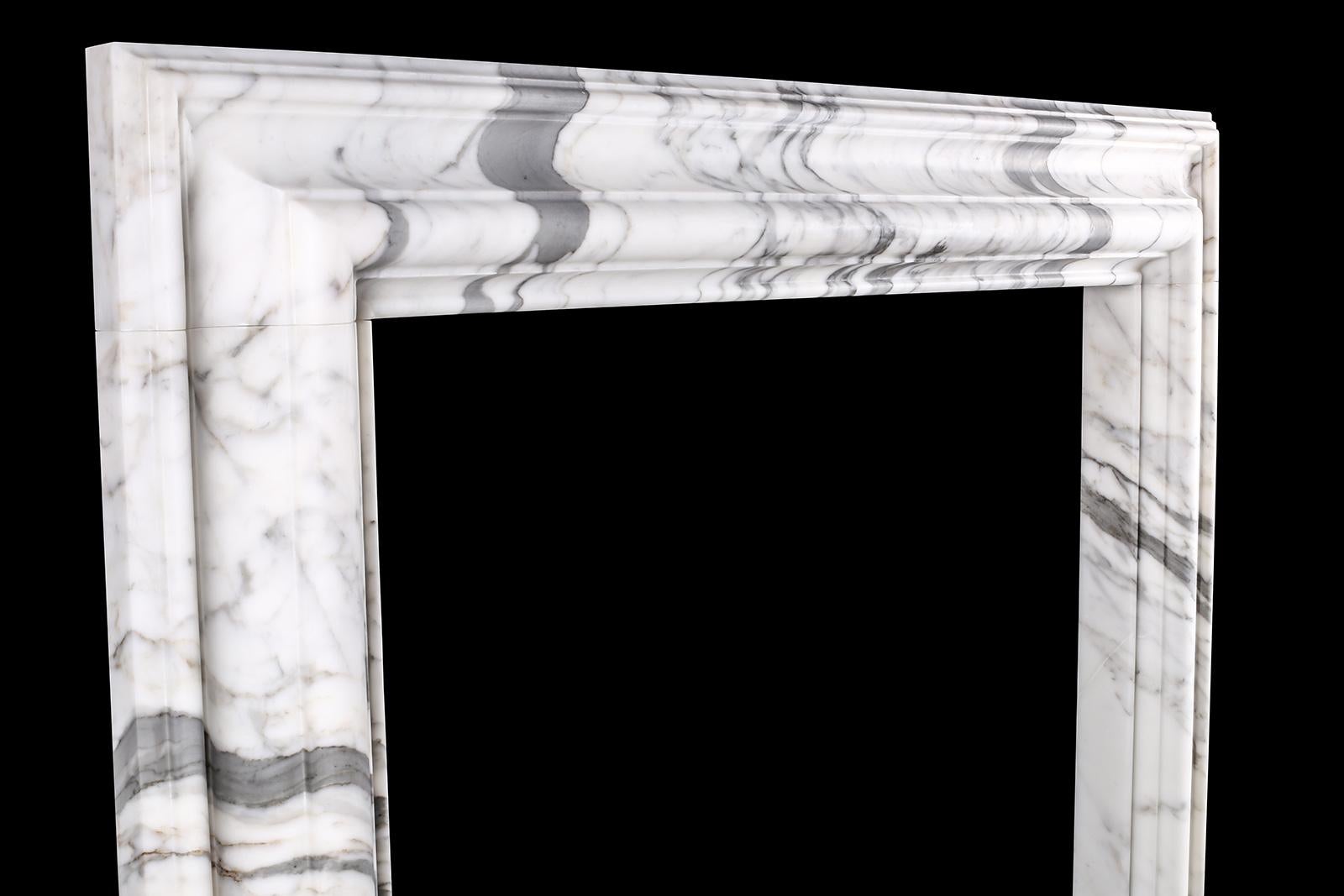 Hand-Carved Baroque Bolection Fireplace Mantel in Italian White Statuary Marble For Sale