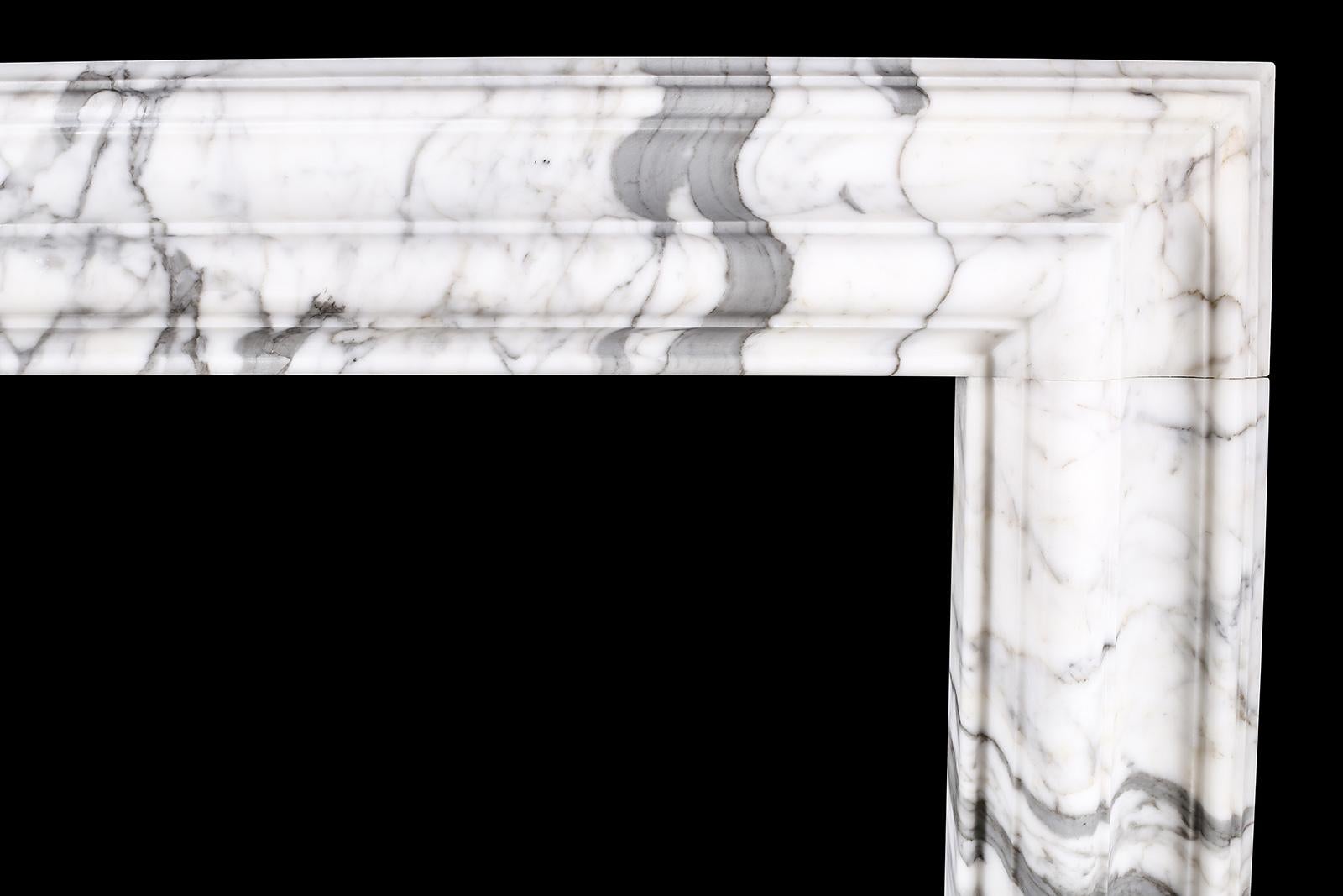 20th Century Baroque Bolection Fireplace Mantel in Italian White Statuary Marble For Sale