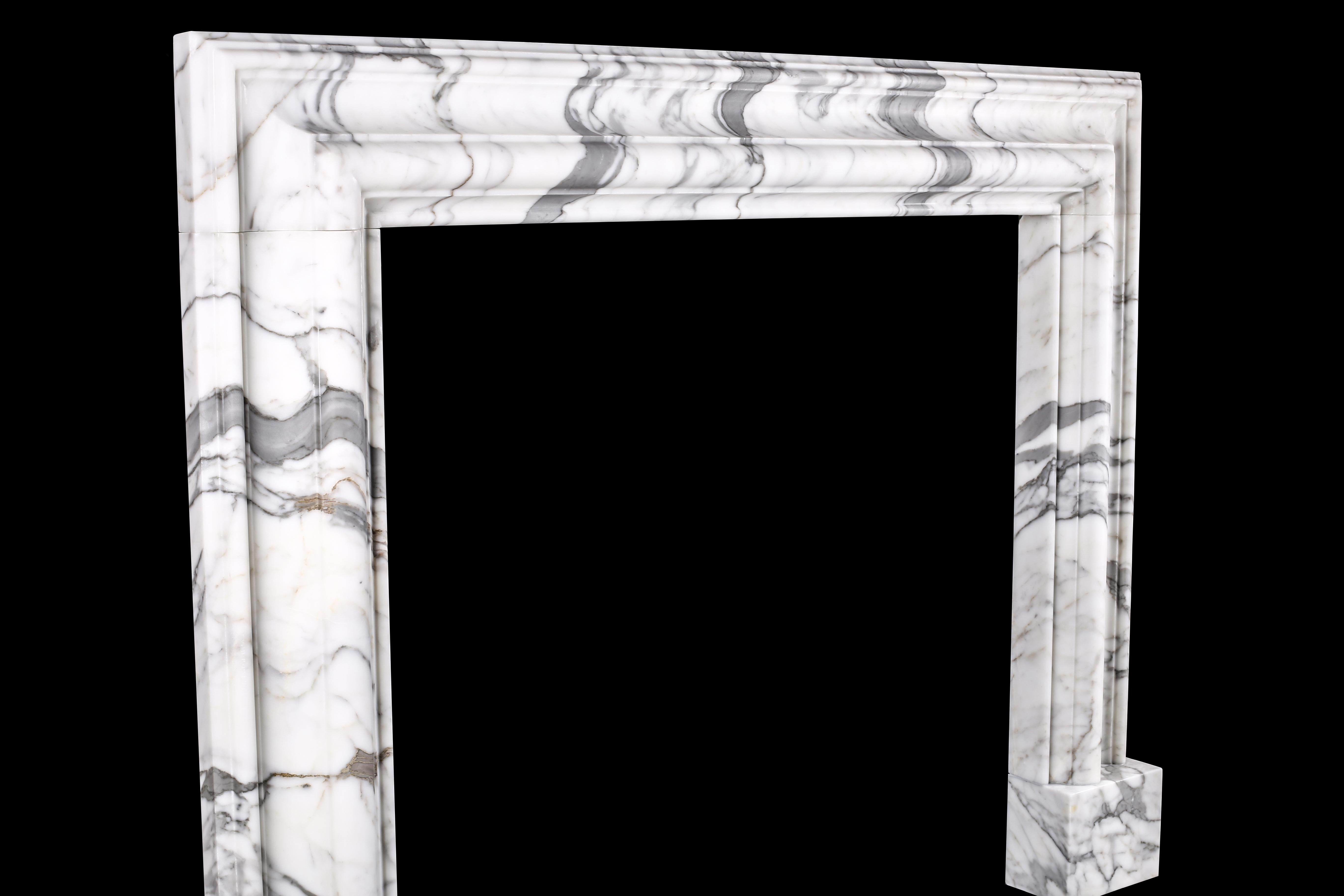 Queen Anne Baroque Bolection Fireplace Mantle in Italian White Statuary Marble 5 For Sale