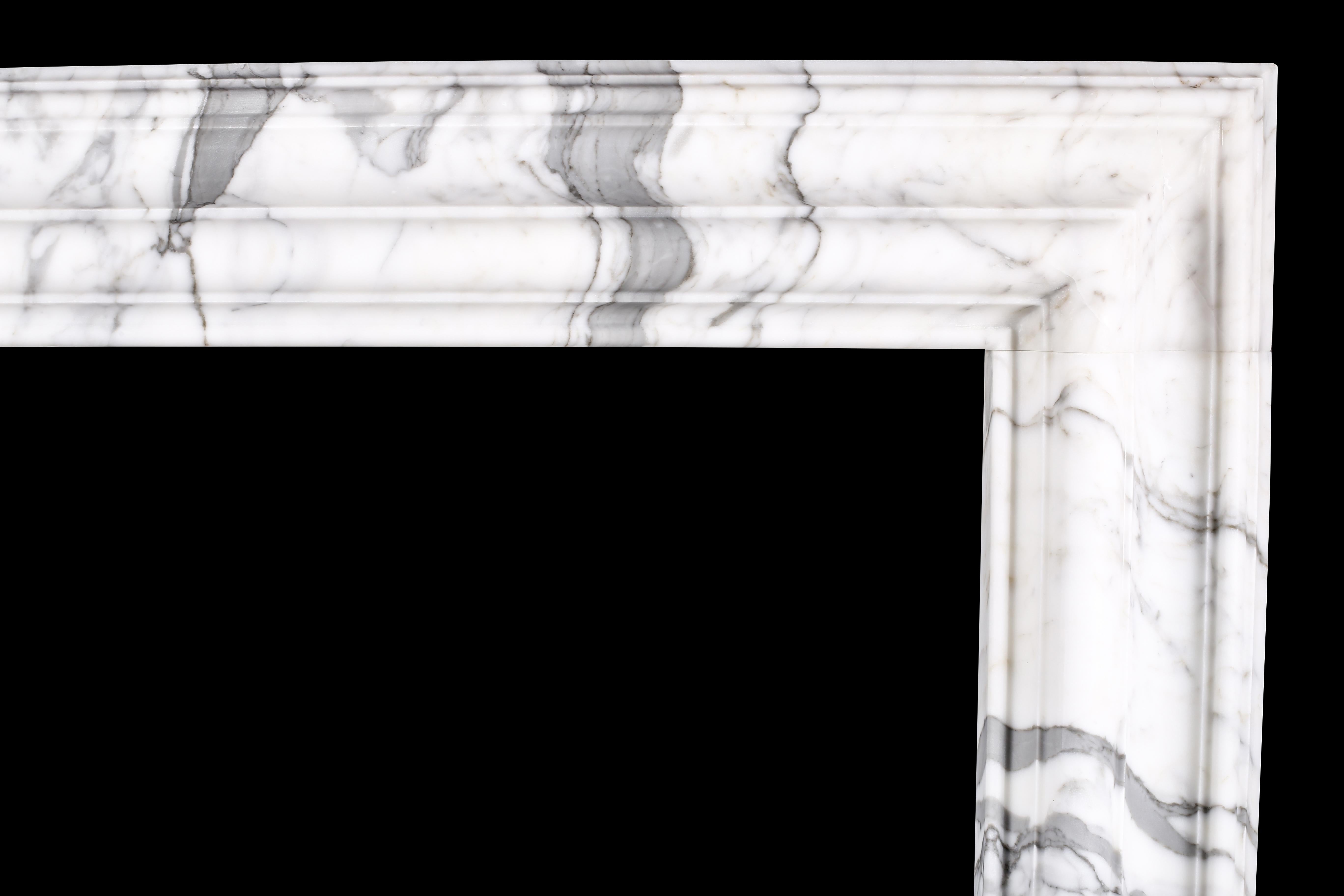 English Baroque Bolection Fireplace Mantle in Italian White Statuary Marble 5 For Sale