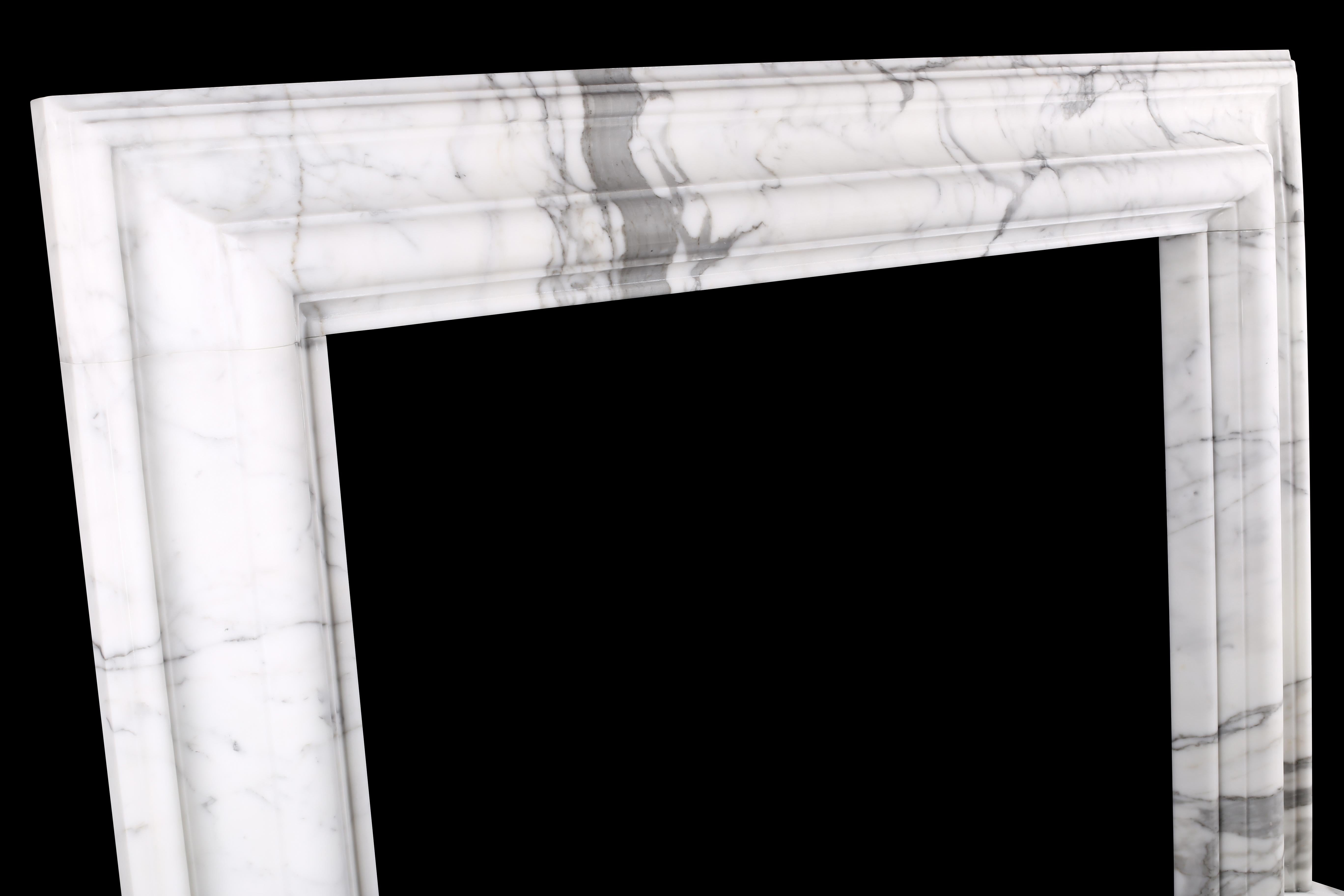 Queen Anne Baroque Bolection Fireplace Surround in Italian White Statuary Marble Fireplace2 For Sale