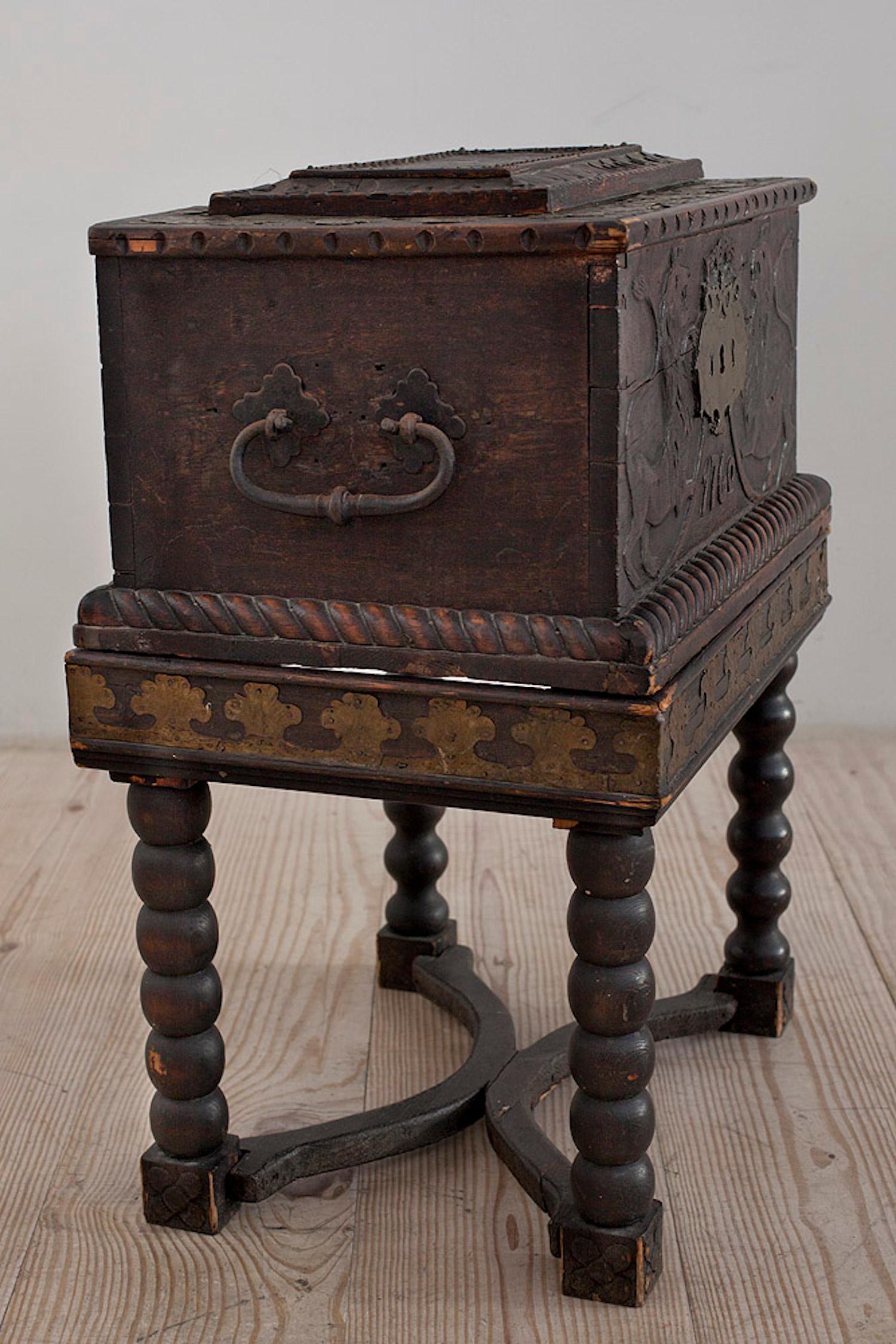 Norwegian Baroque Box with Interior Paint on Stand, Origin Norway, Dated 1760