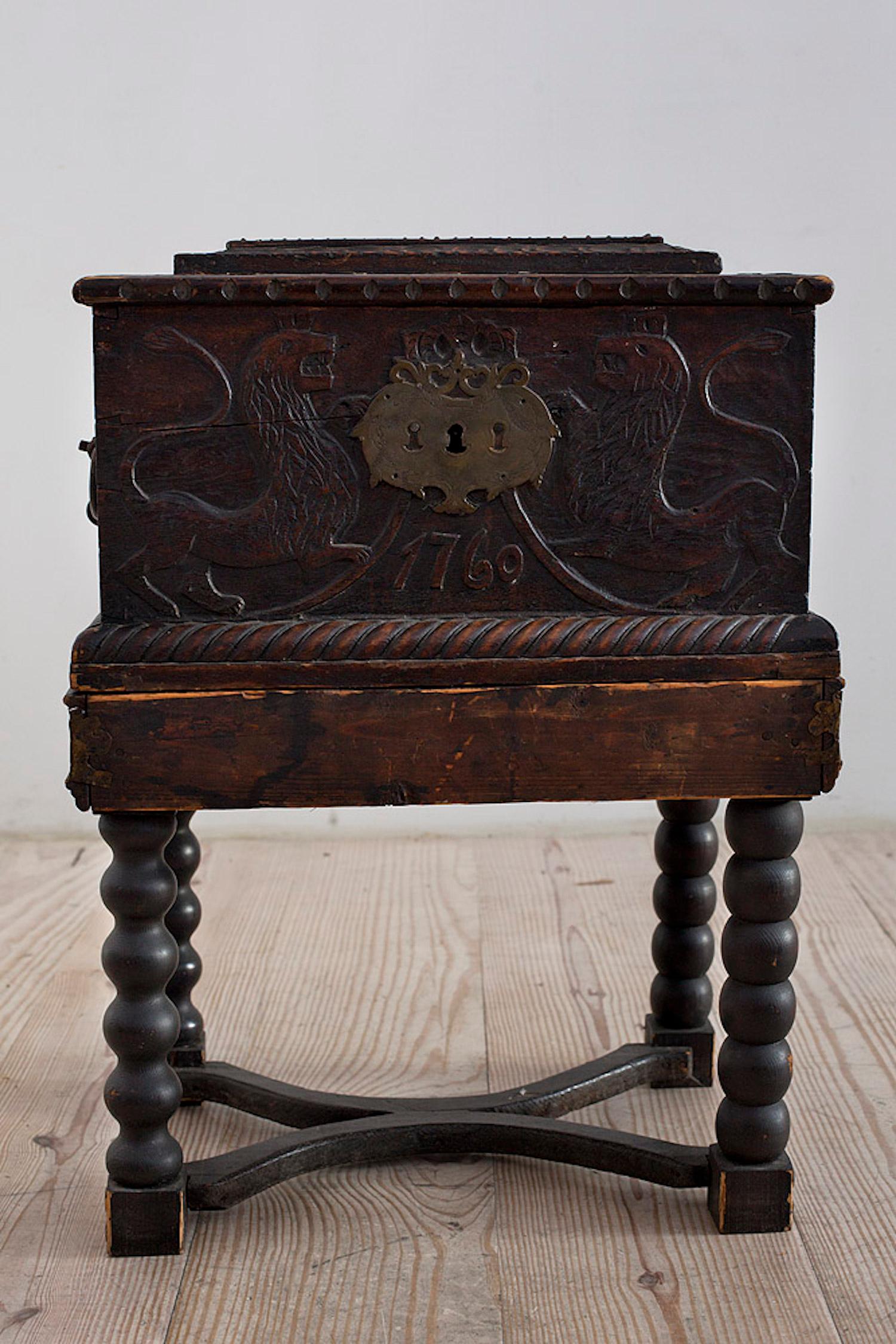 Hand-Carved Baroque Box with Interior Paint on Stand, Origin Norway, Dated 1760