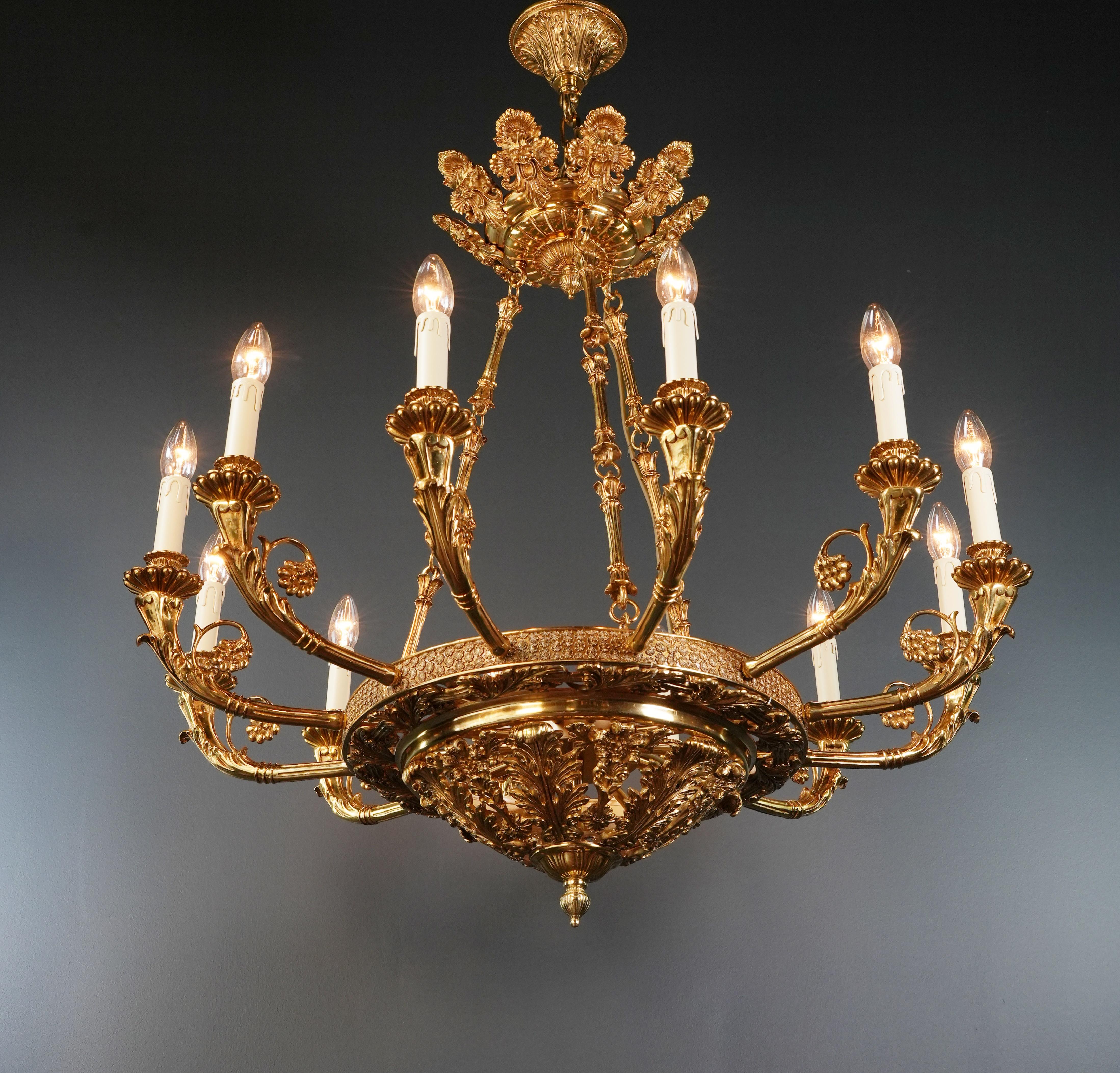 Hand-Knotted Baroque Brass Empire Chandelier Crystal Lustre Lamp Antique Gold For Sale