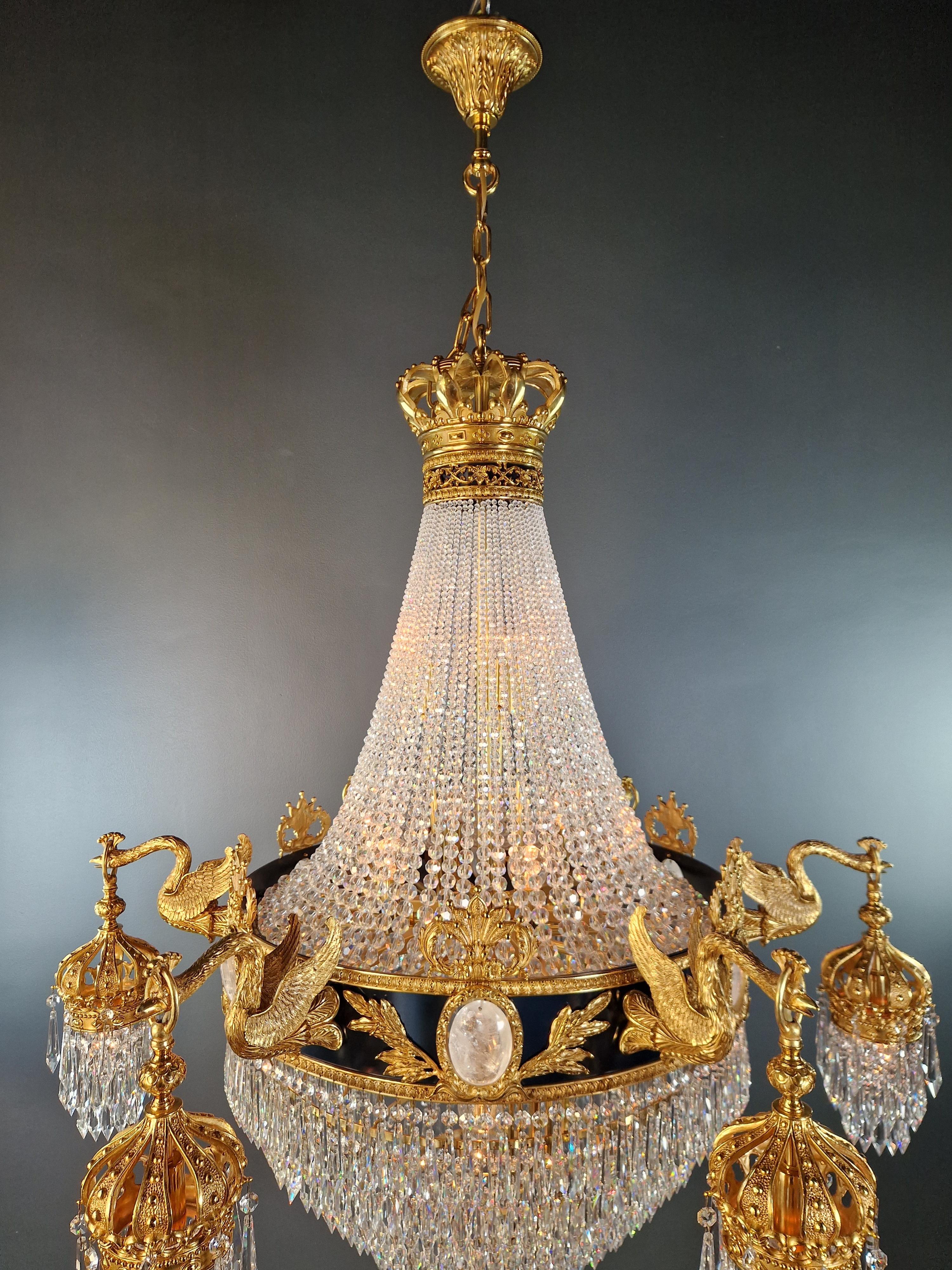 Contemporary Baroque Brass Empire Chandelier Rock Crystal Lustre Lamp Antique Gold Swan For Sale
