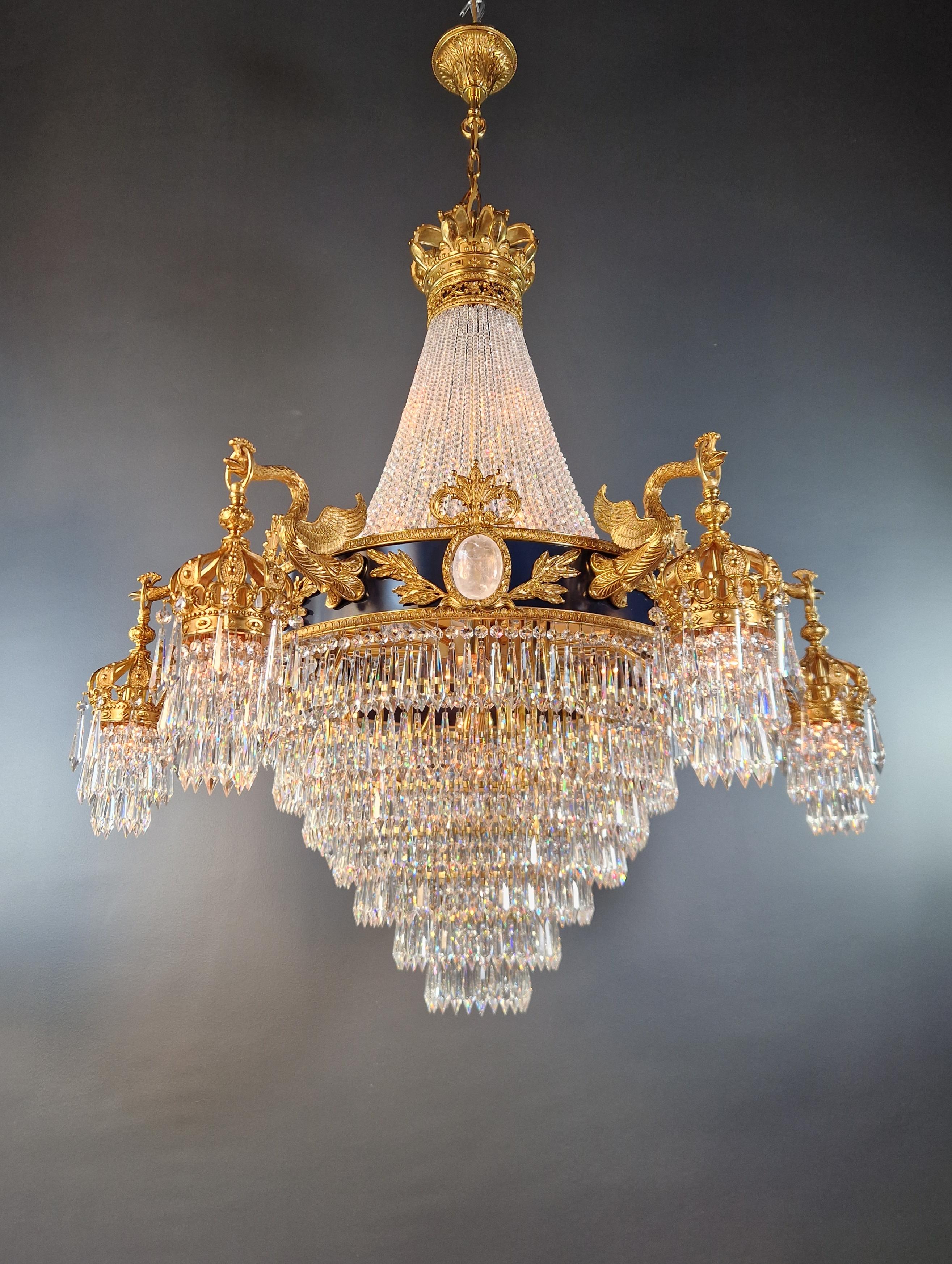 Baroque Brass Empire Chandelier Rock Crystal Lustre Lamp Antique Gold Swan For Sale 1