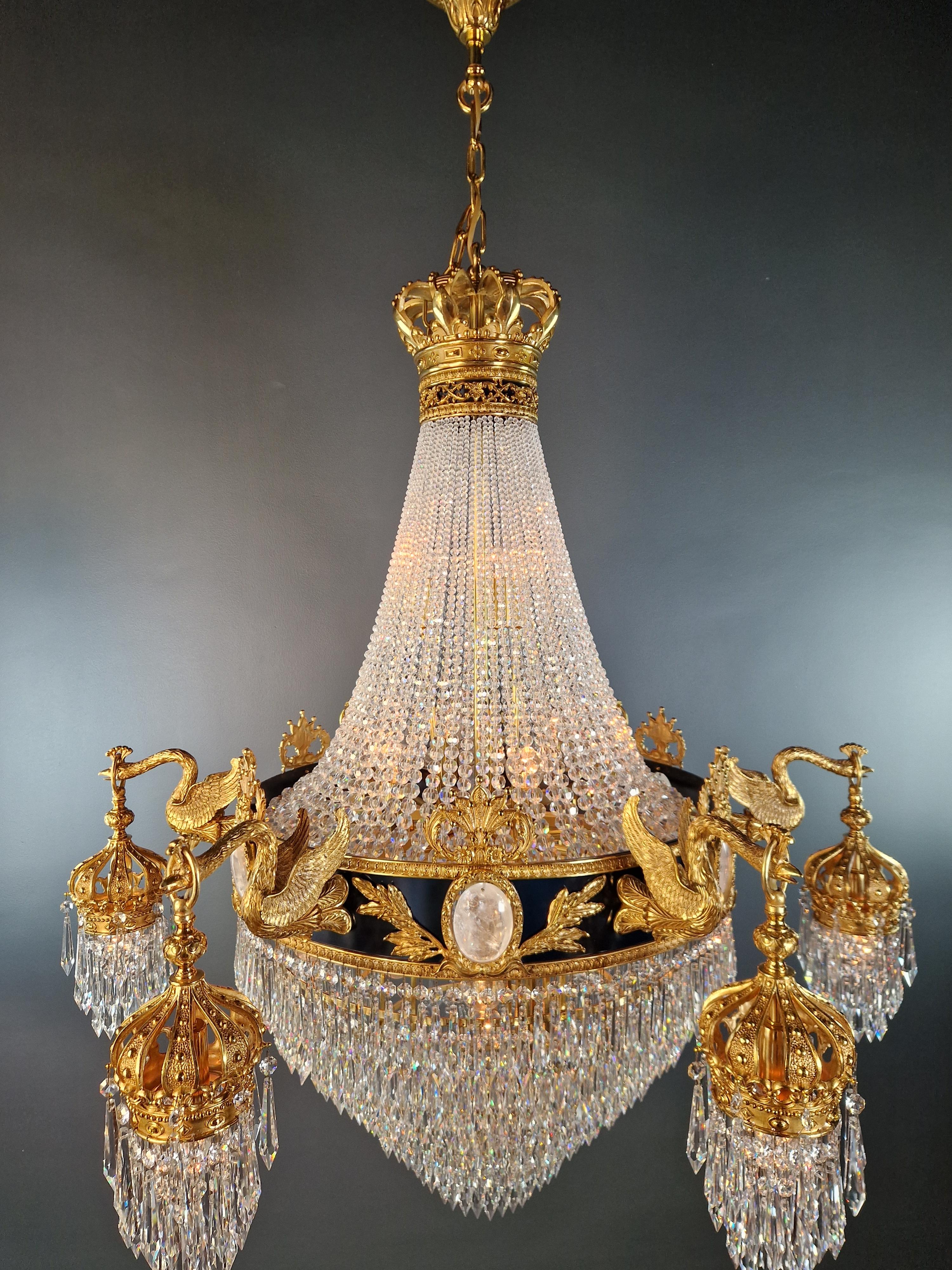 Baroque Brass Empire Chandelier Rock Crystal Lustre Lamp Antique Gold Swan For Sale 2