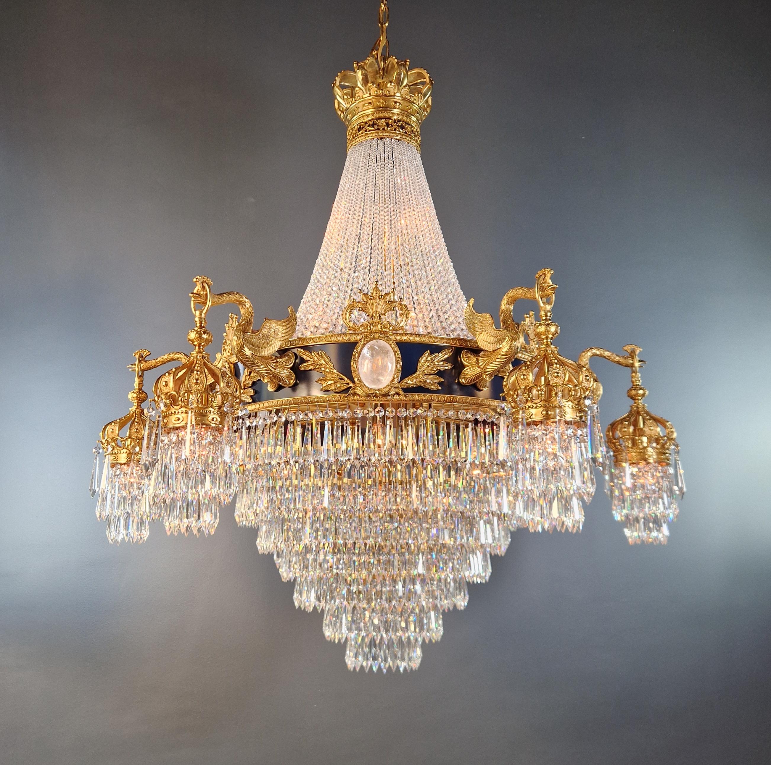 Barock Messing Empire Kronleuchter Bergkristall Lüster Lampe Antique Gold Swan (Deutsch) im Angebot
