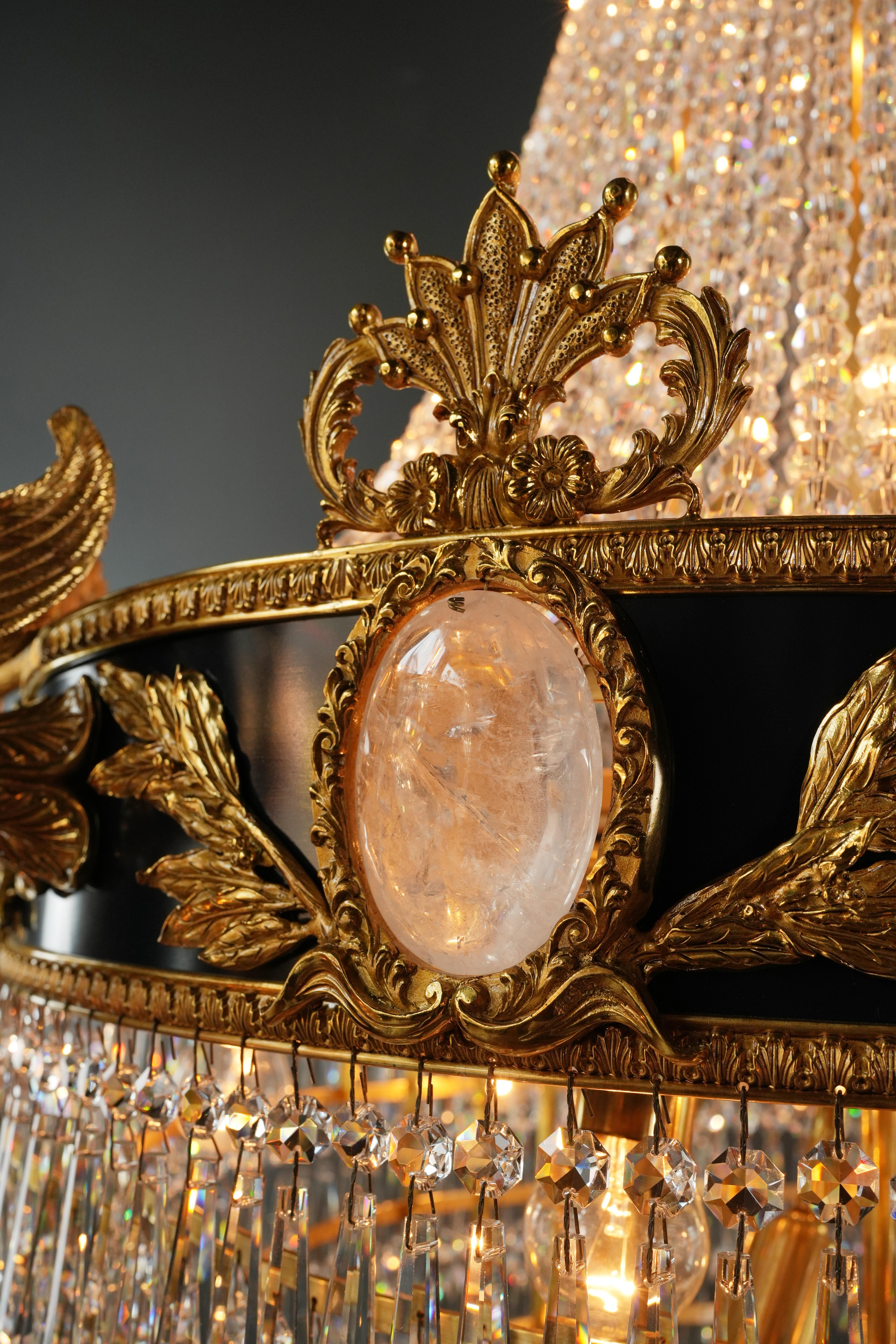 Baroque Brass Empire Chandelier Rock Crystal Lustre Lamp Antique Gold Swan For Sale 4