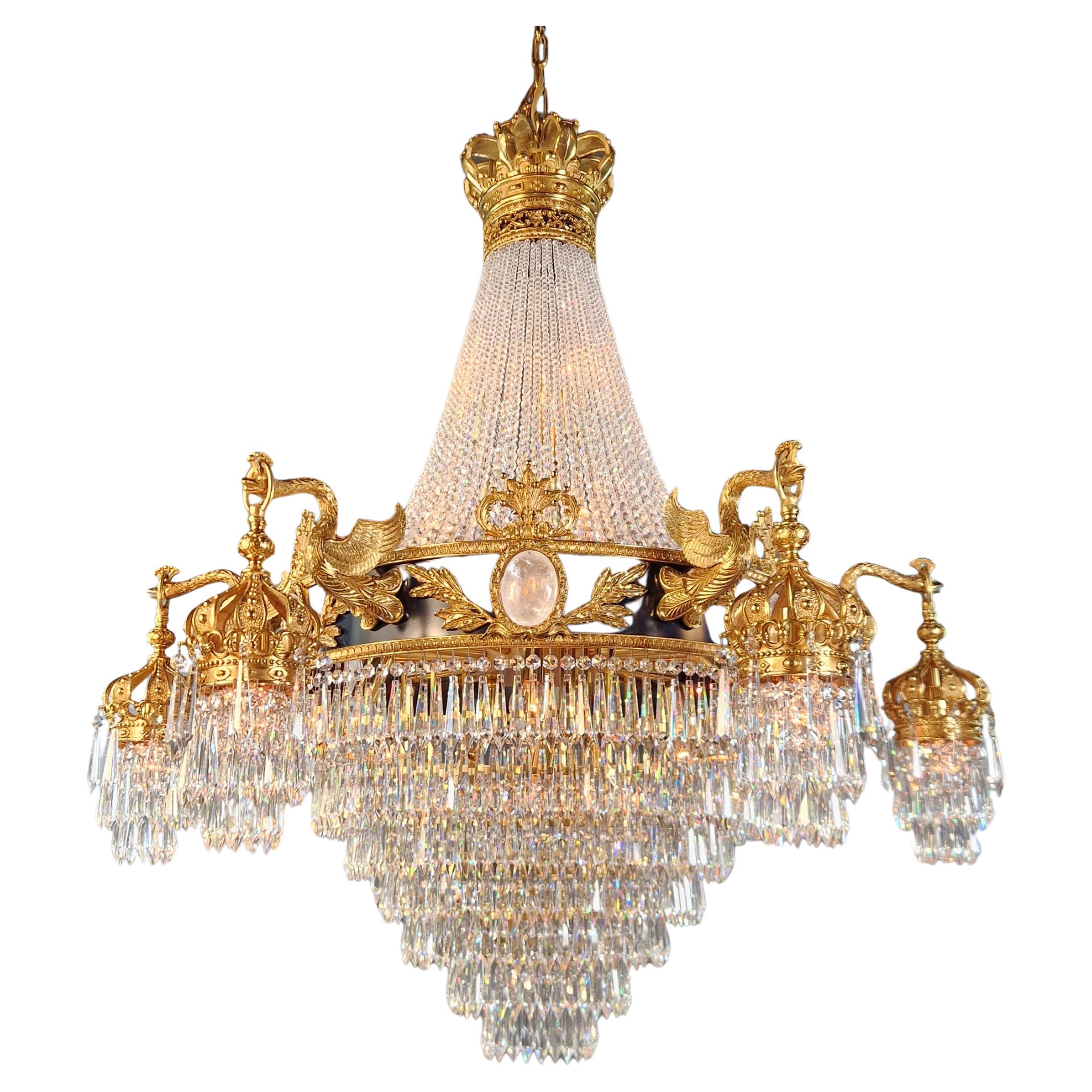 Baroque Brass Empire Chandelier Rock Crystal Lustre Lamp Antique Gold Swan For Sale