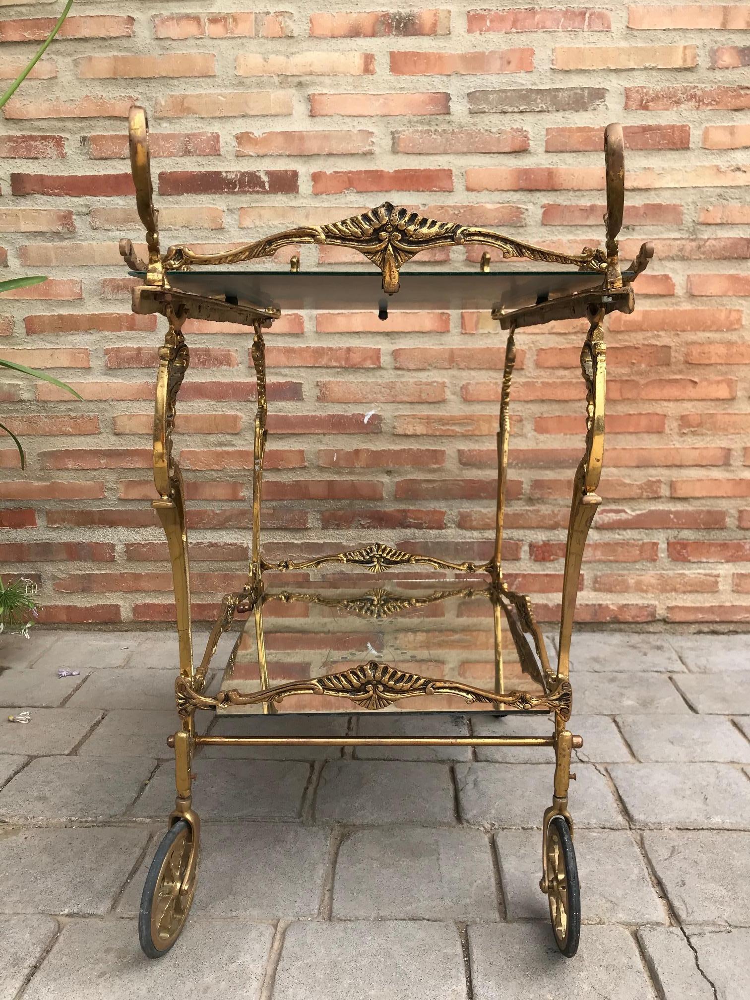 Baroque Brass Two-Tier Bar Cart In Good Condition In Miami, FL