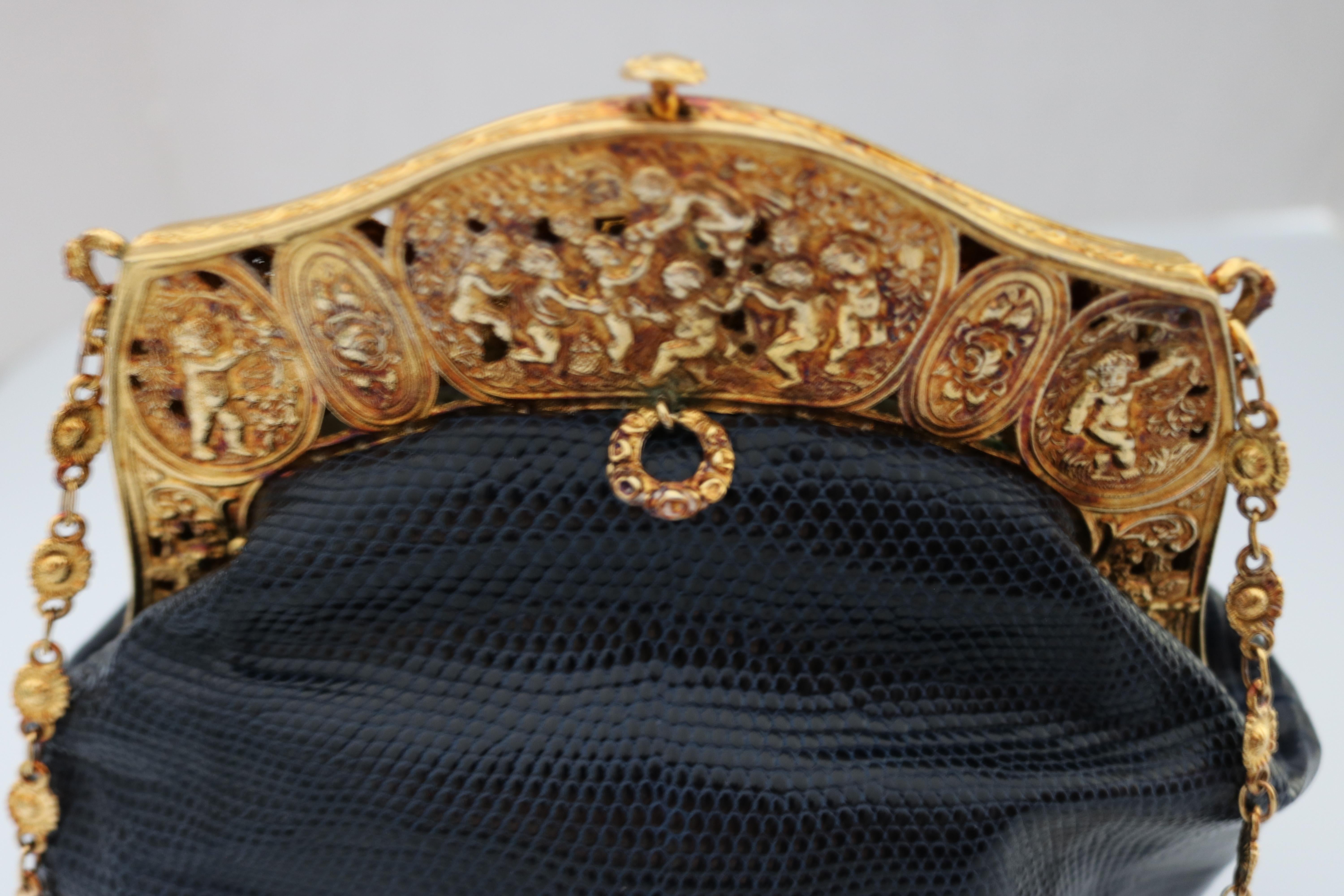 22K Gold Plate c.1925 Handbag Cherub Frame Lizard Skin-A Treasure For Sale 3