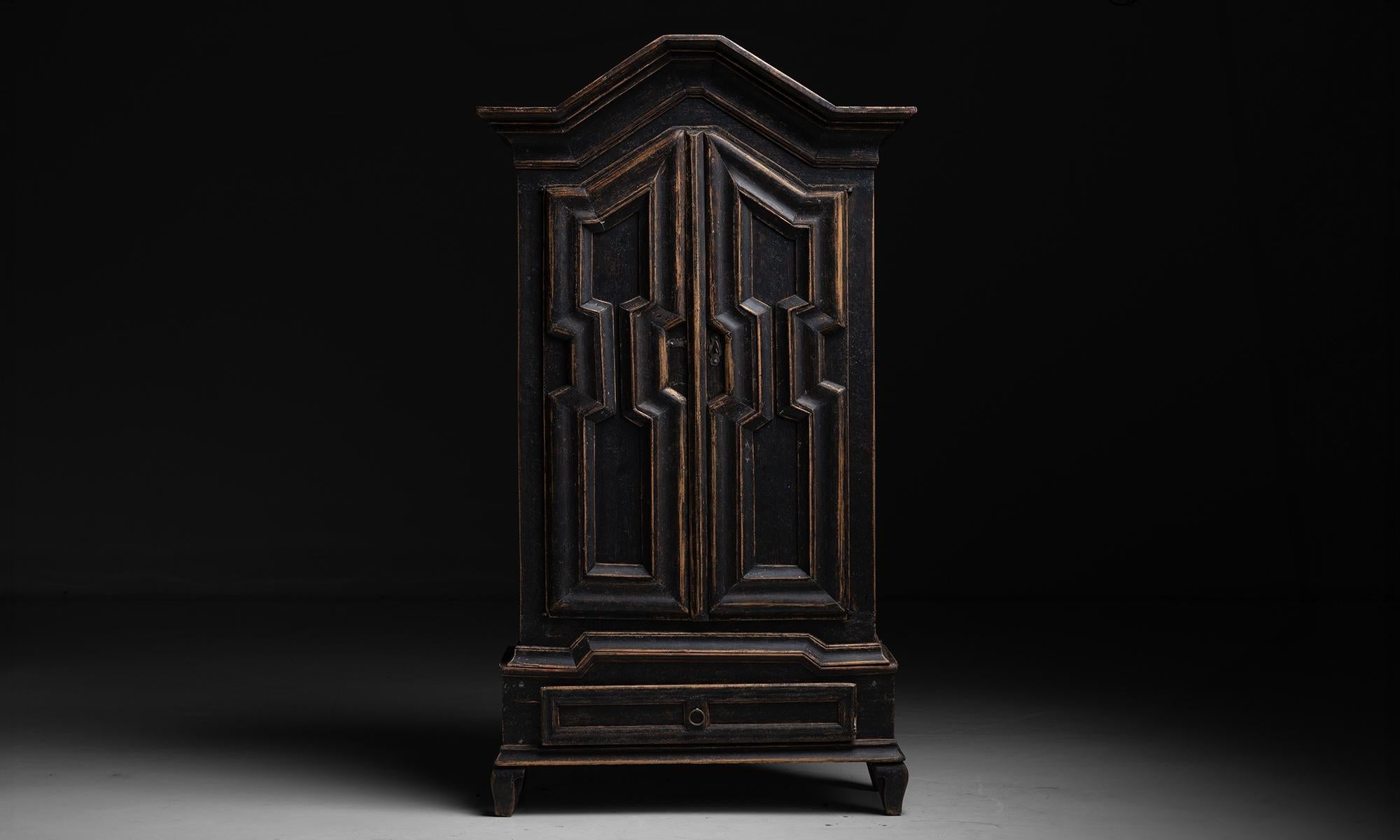 Baroque Cabinet
Sweden circa 1750
Weathered and painted cupboard with detailed molding.
40.5”w x 16.5”d x 72”h