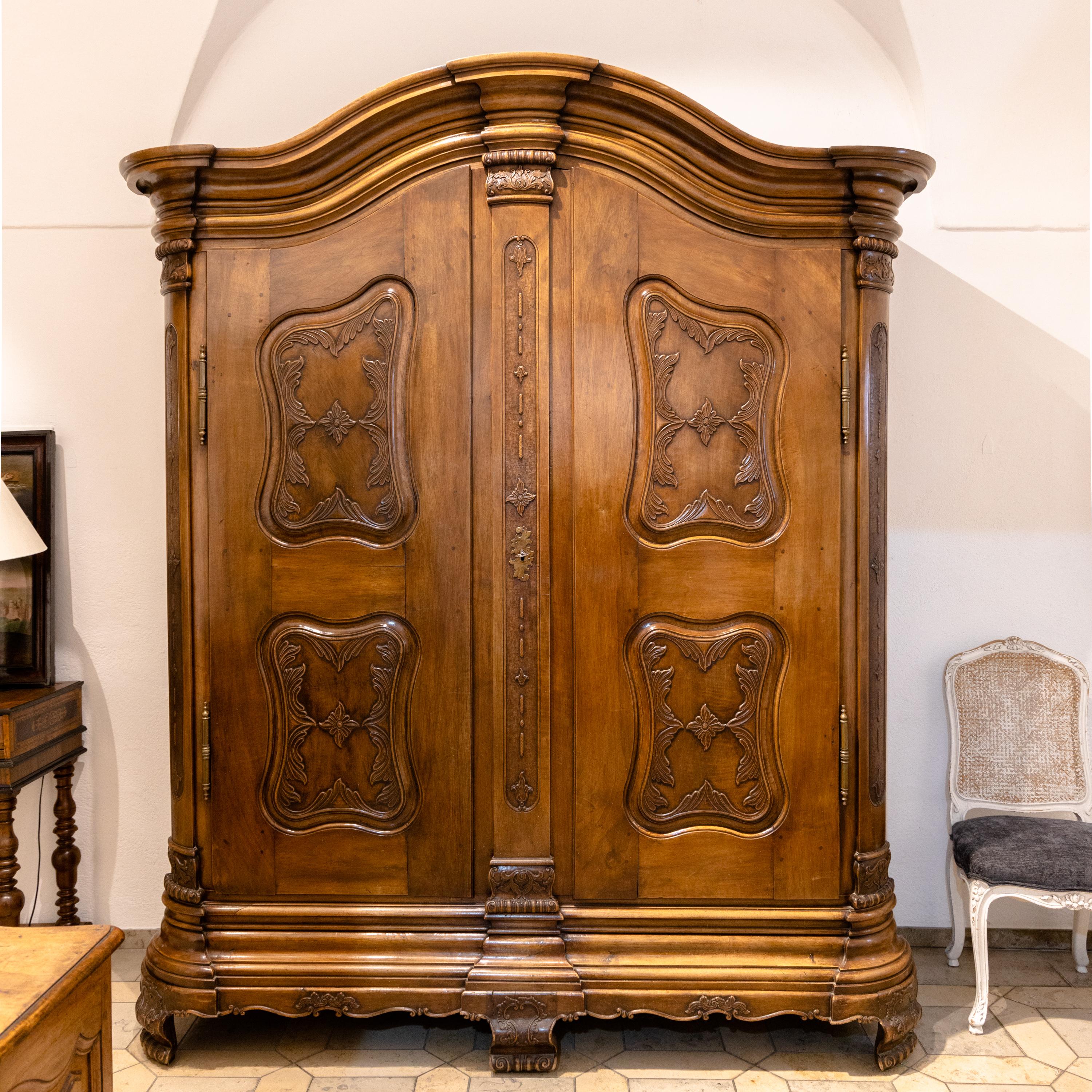 Large Baroque cabinet with a curved, multi-profiled cornice with cranked, rounded corners and two doors. Four softly shaped panels with vine decorations in relief divide the doors, as well as two asymmetrical panels on each side. The rounded