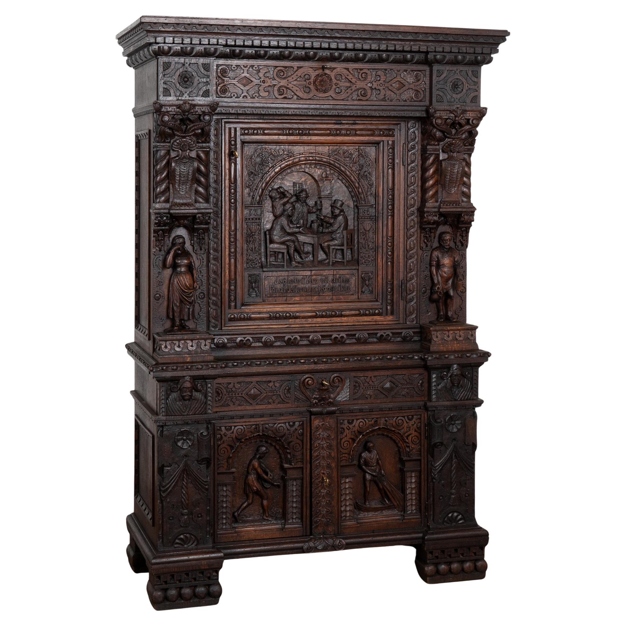 Barockes Schnitzkabinett aus Eiche, Schnapsschrank Bar aus Dänemark um 1860-80