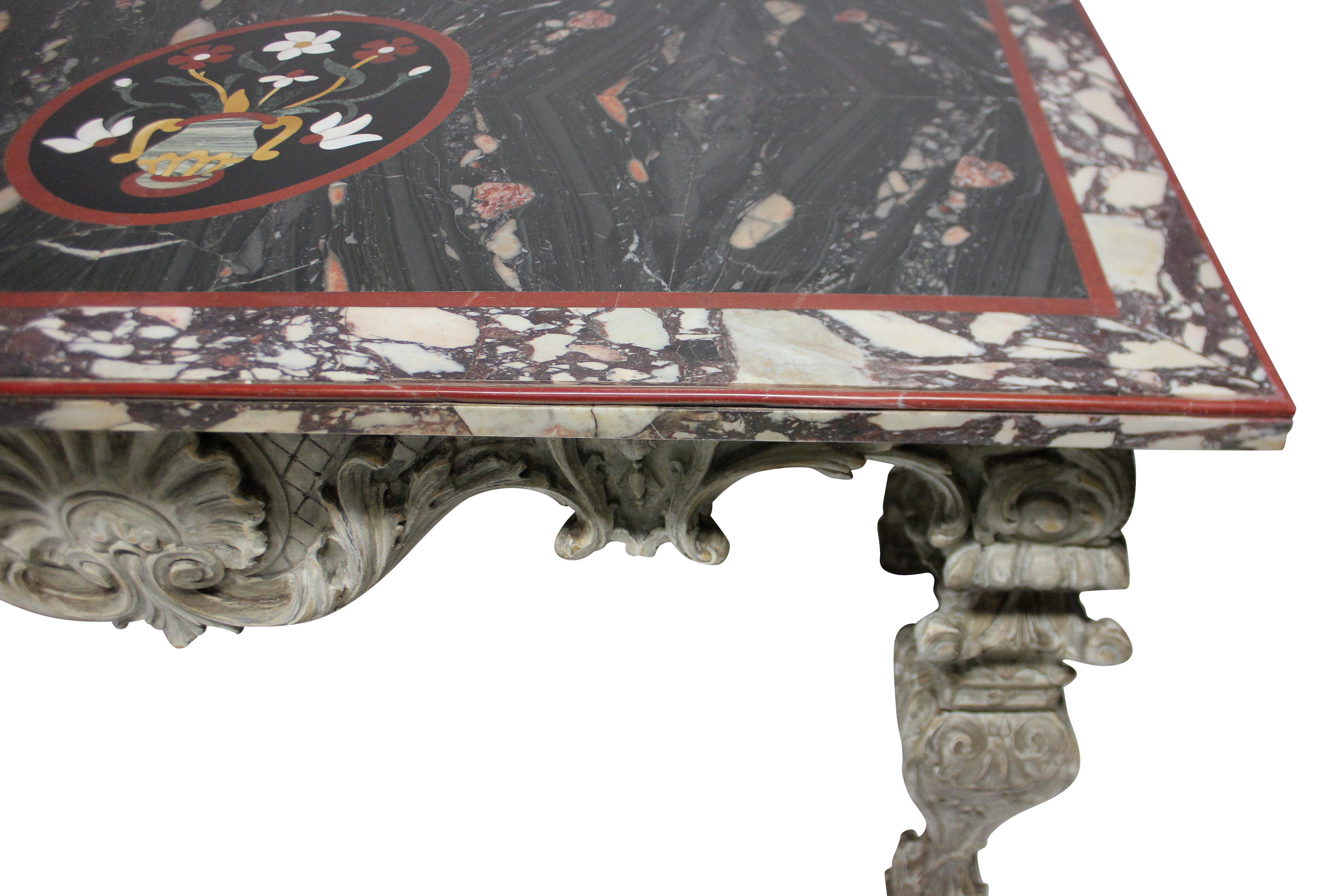 Baroque Carved & Painted Table With Pietra Dura Marble Top In Good Condition For Sale In London, GB