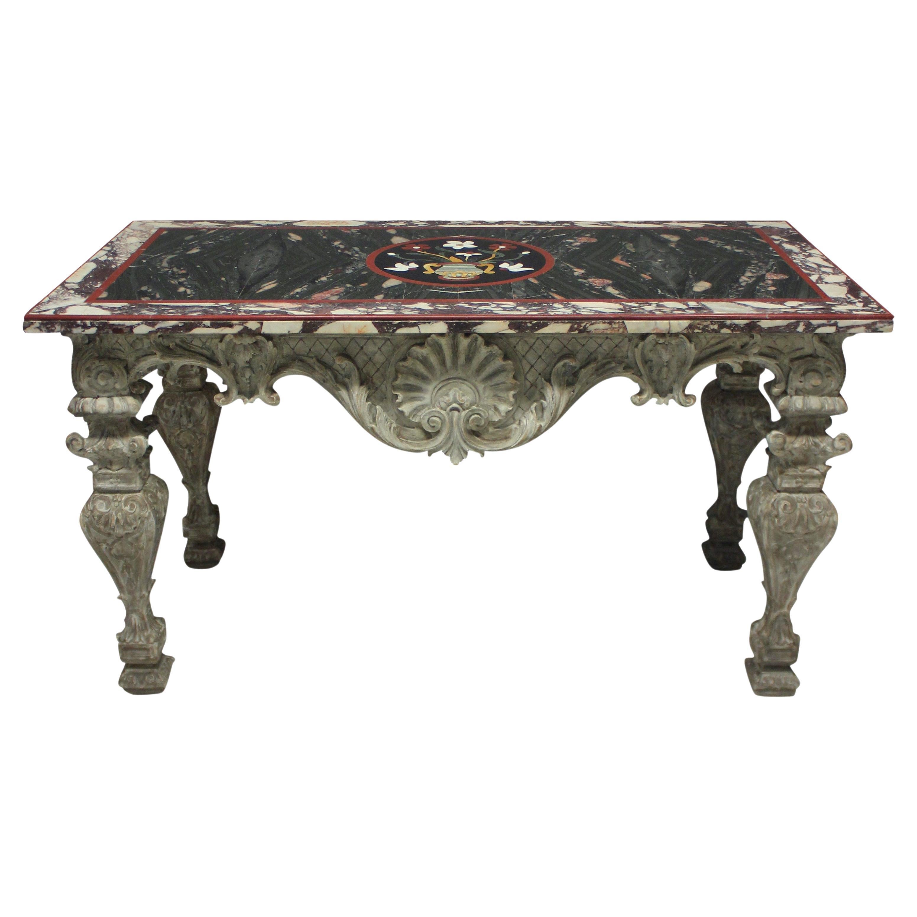 Baroque Carved & Painted Table With Pietra Dura Marble Top For Sale