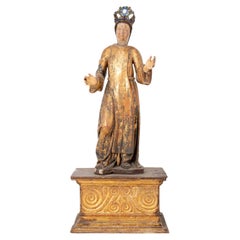 Antique Baroque Carved Polychromed Wood Virgin Figure