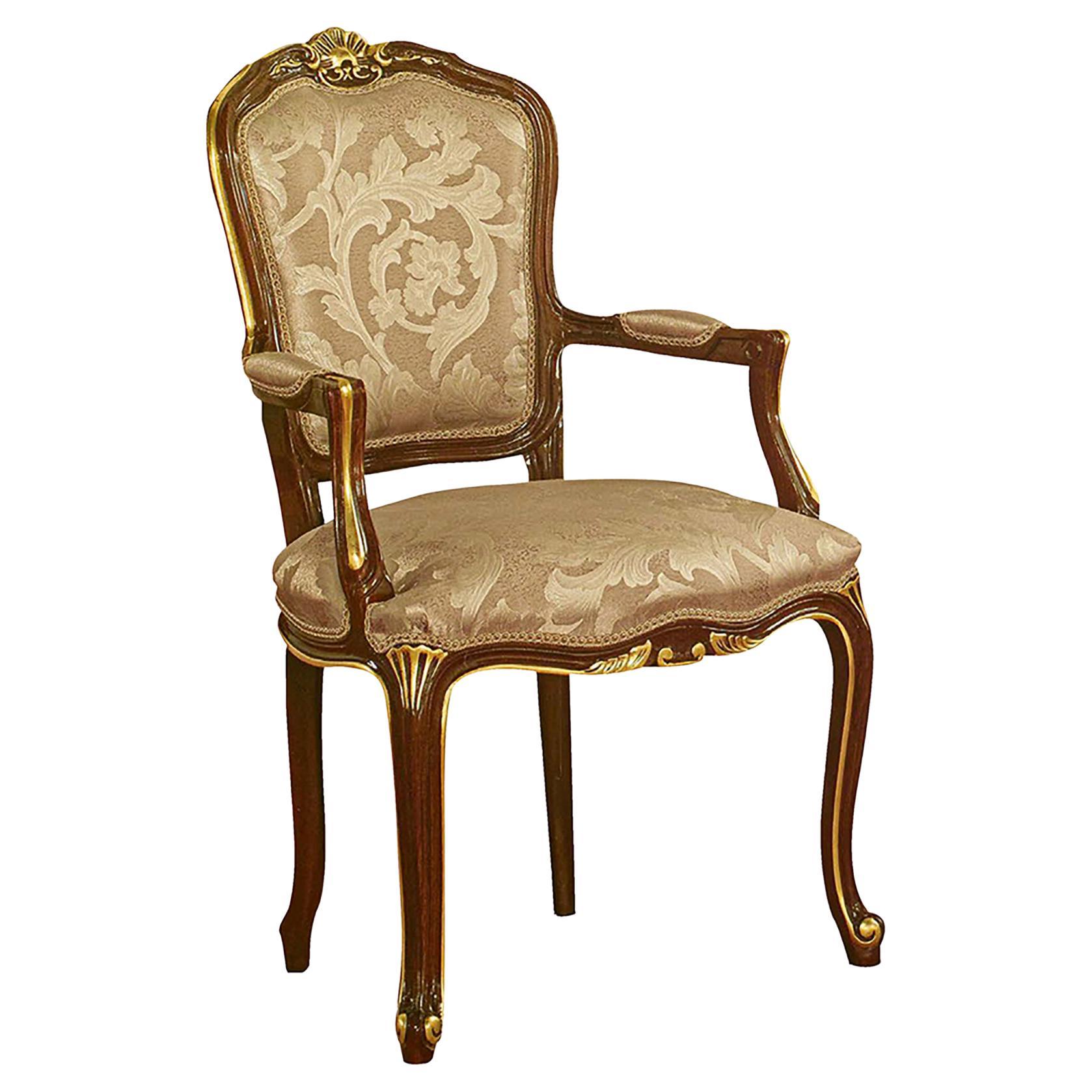Baroque Chair with Armrest in Natural Wood Walnut and Gold Leaf Finish For Sale