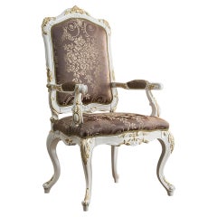 Baroque Chair with Armrests in Ivory White Finish and Curved Legs by Modenese