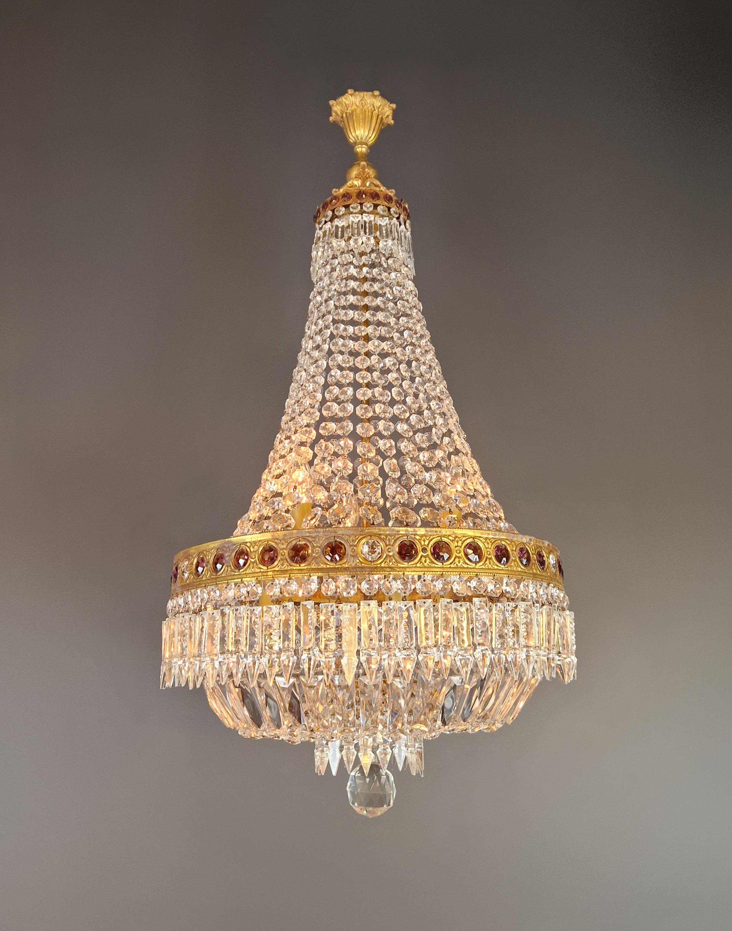 Mid-20th Century Baroque Chandelier Crystal Empire Brass Sac a Pearl Lustre Antique Purple
