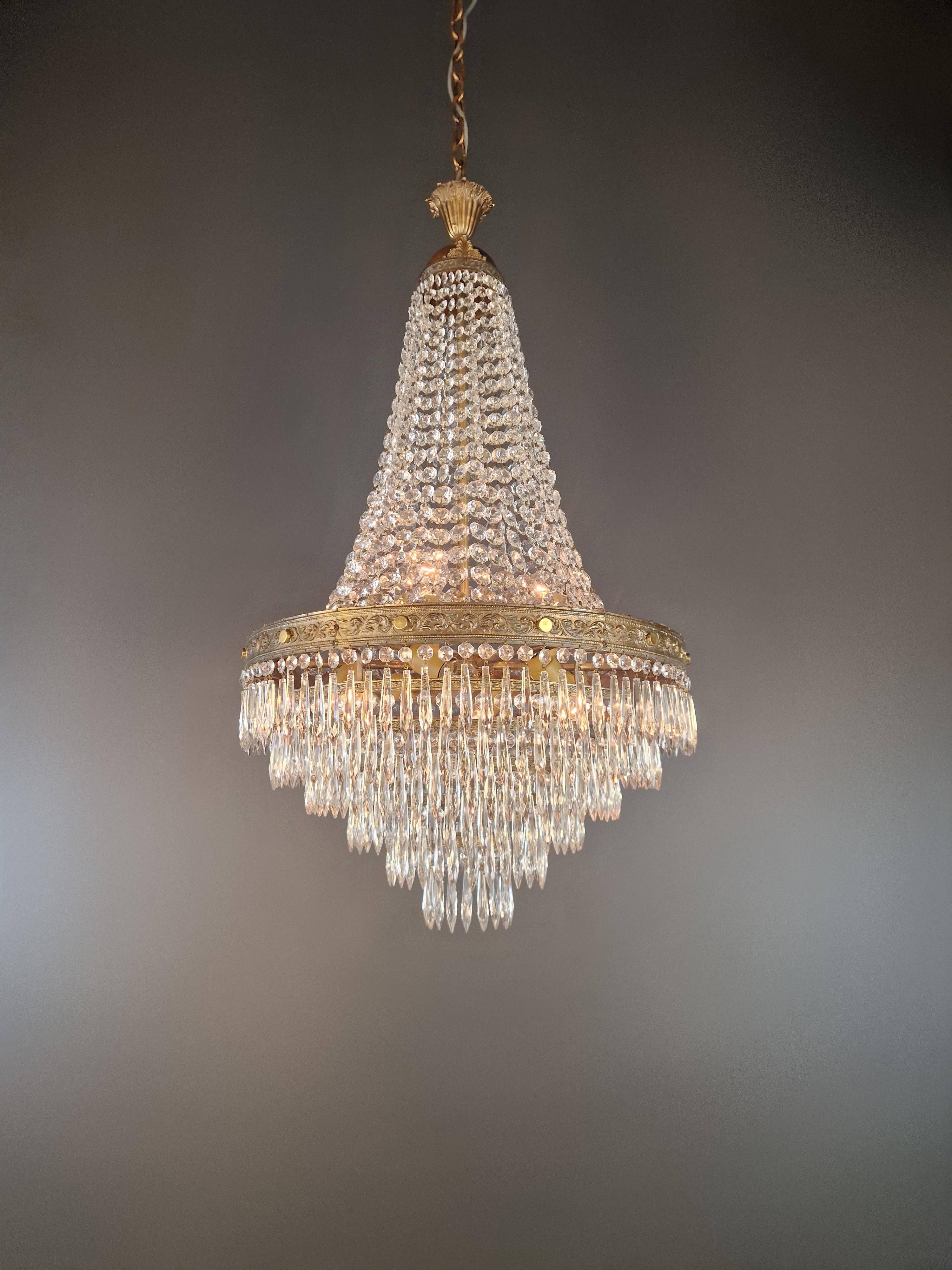 Hand-Knotted Baroque Chandelier Crystal Empire Brass Sac a Pearl Lustre Ceiling Antique