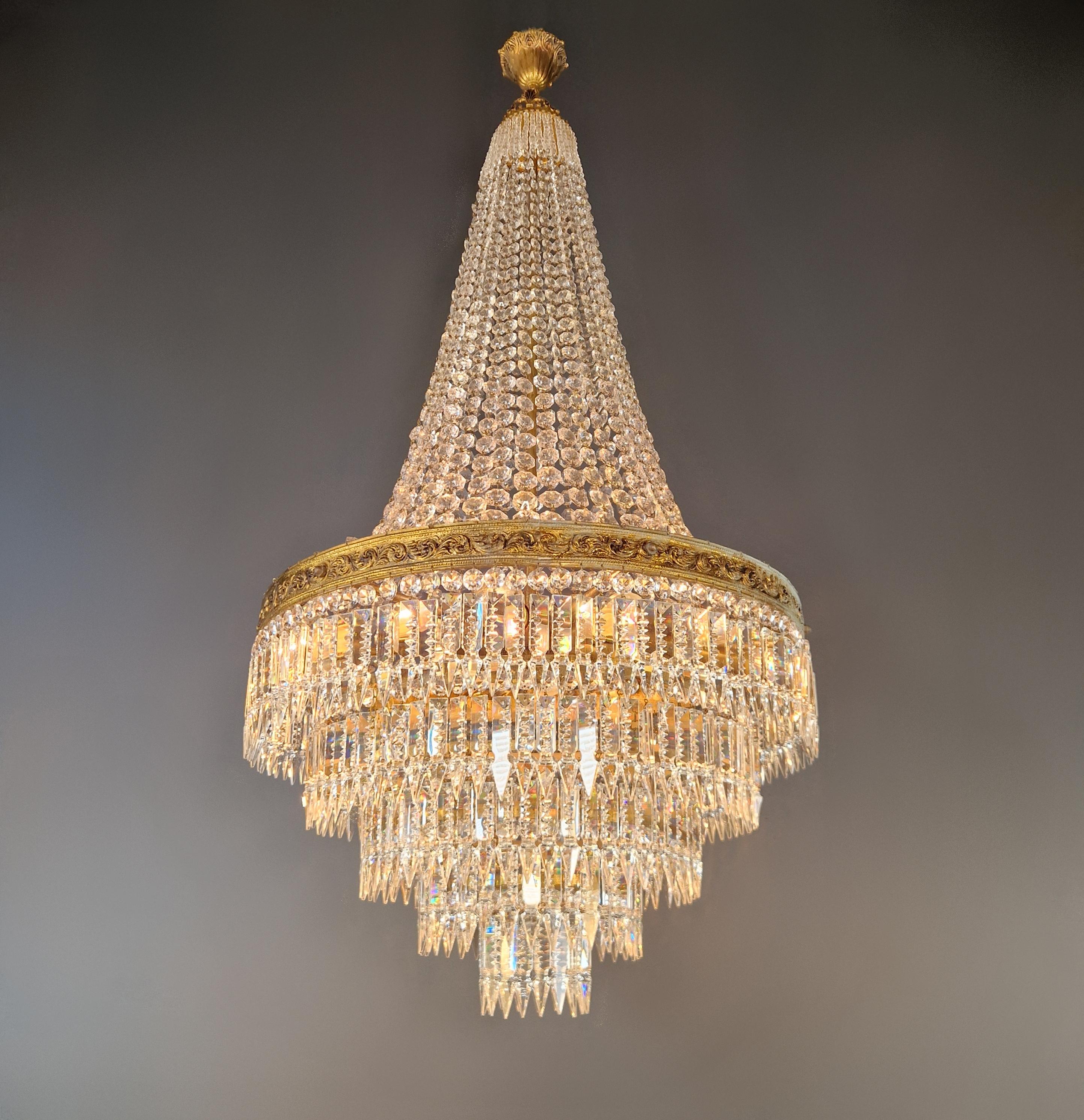 Hand-Knotted Baroque Chandelier Crystal Empire Brass Sac a Pearl Lustre Ceiling Antique For Sale