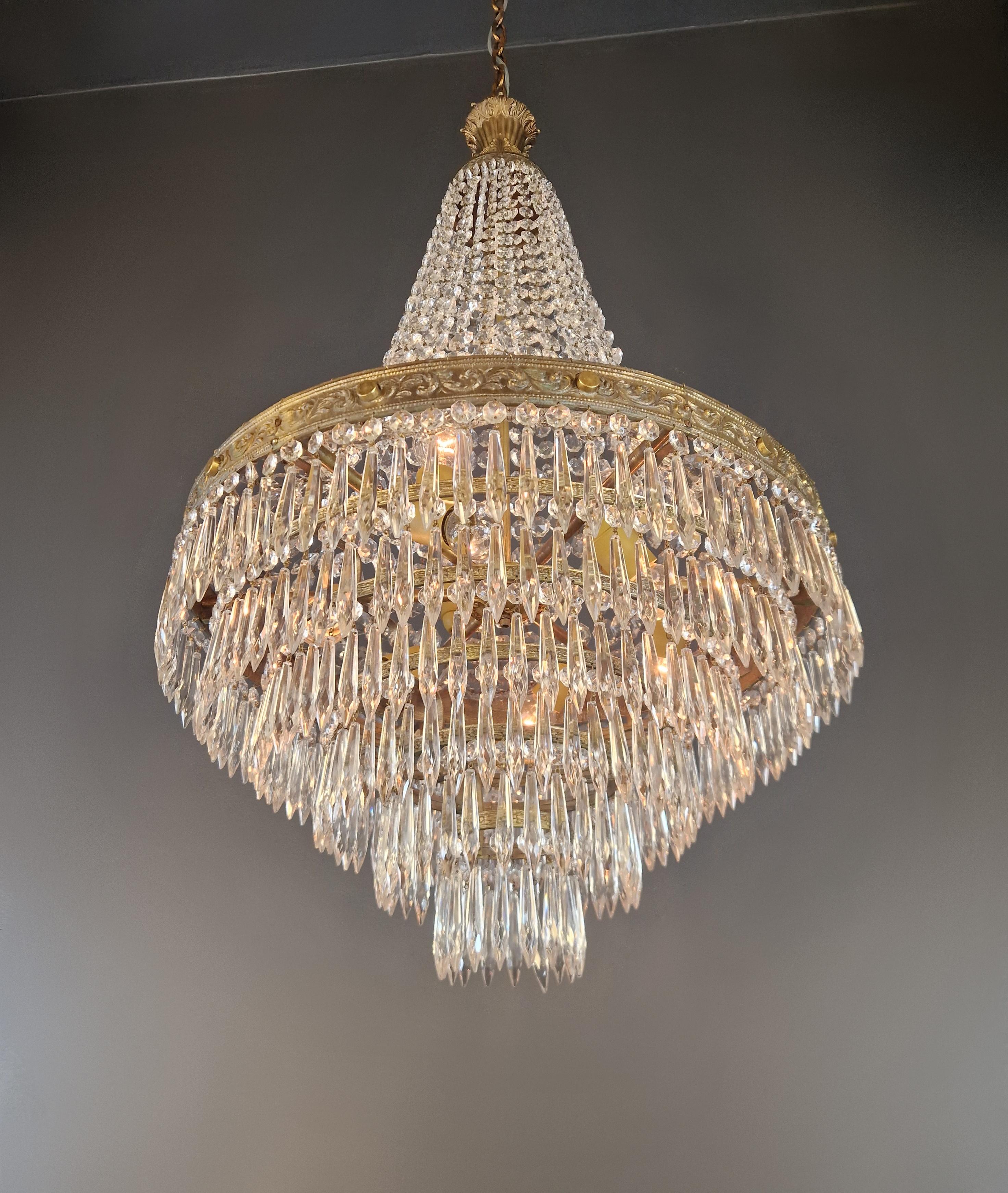 Early 20th Century Baroque Chandelier Crystal Empire Brass Sac a Pearl Lustre Ceiling Antique