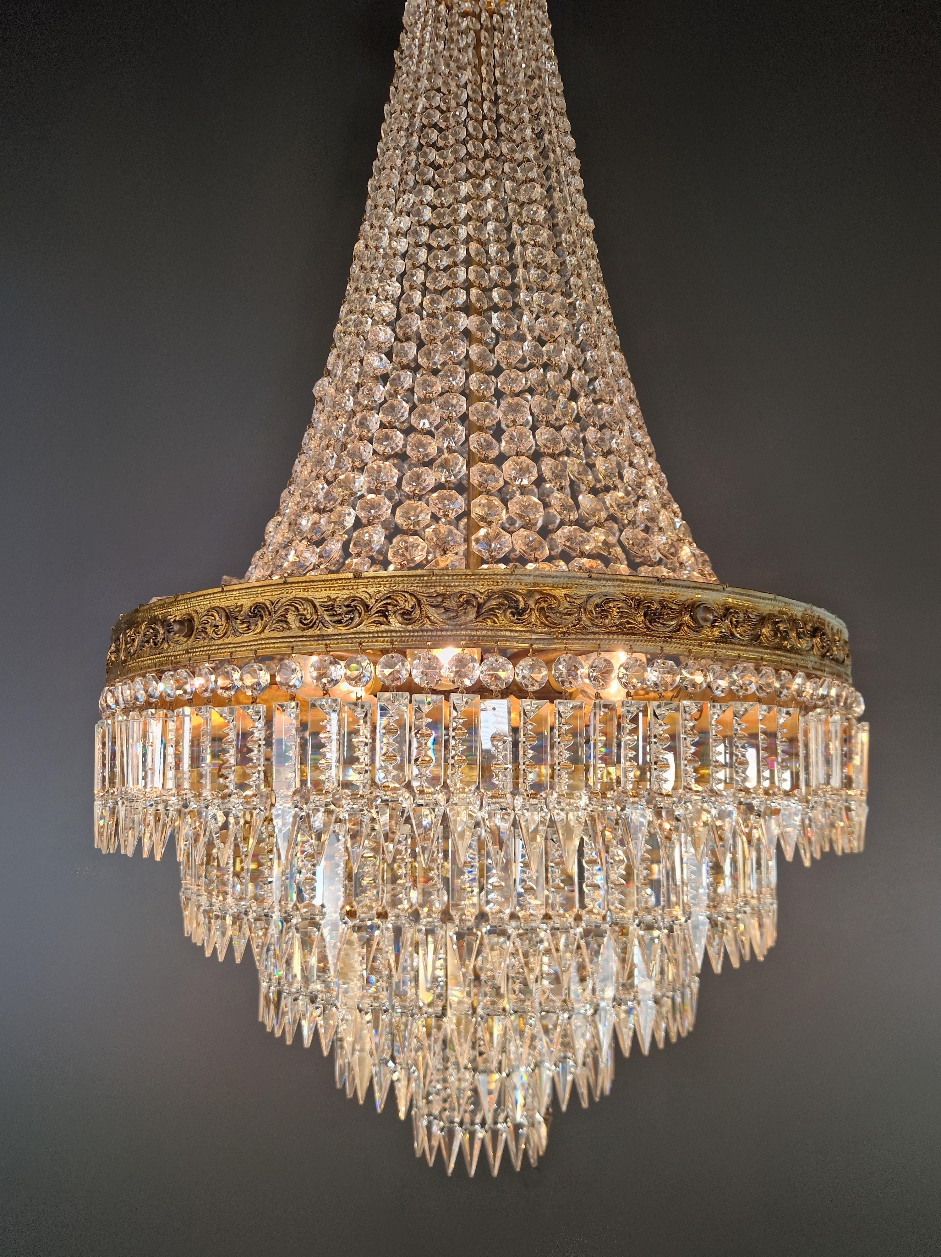 Early 20th Century Baroque Chandelier Crystal Empire Brass Sac a Pearl Lustre Ceiling Antique For Sale
