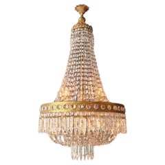 Antiker Barock-Kronleuchter, Kristall, Empire, Messing, Sac a Perle, Lüster, Deckenleuchter