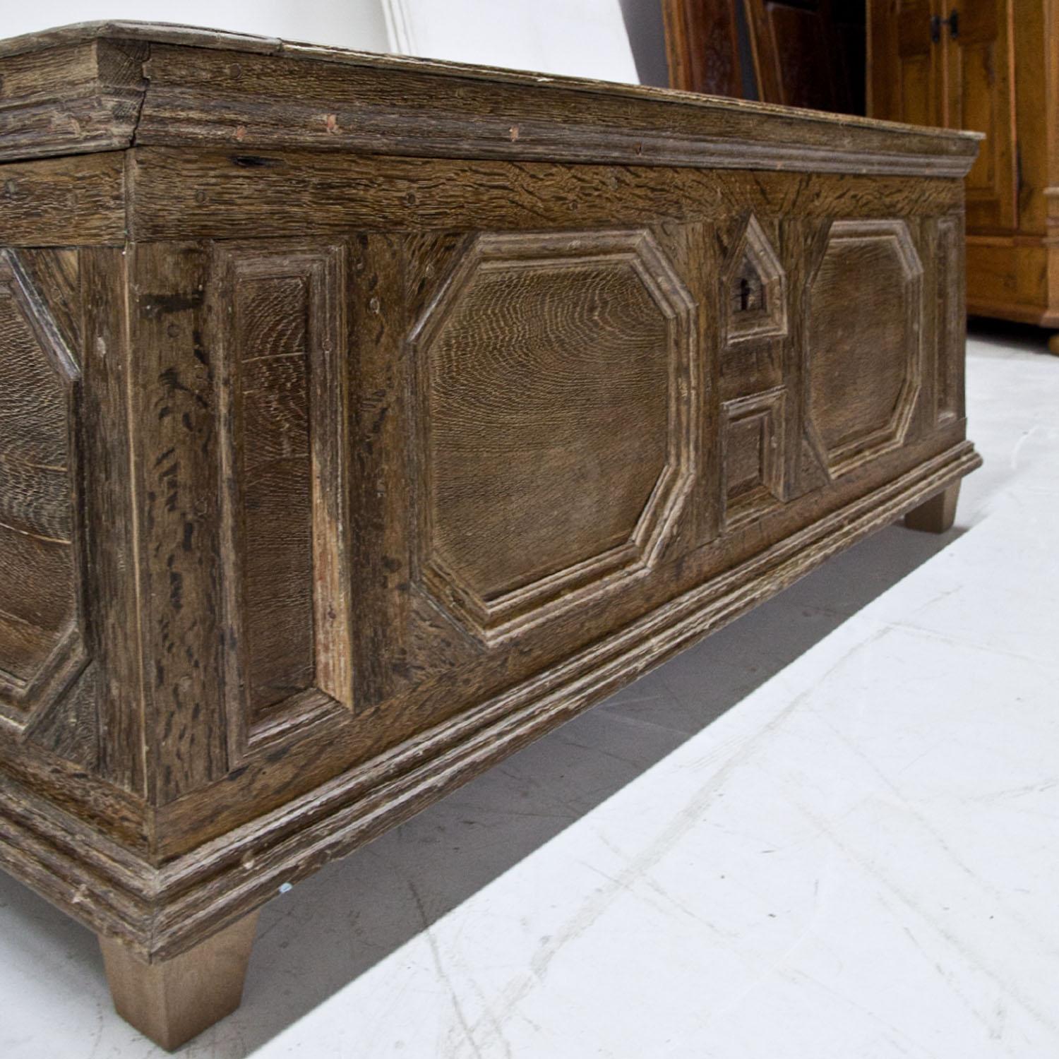 Large oak chest with a hinged lid and octagonal fillings on front, sides and top.