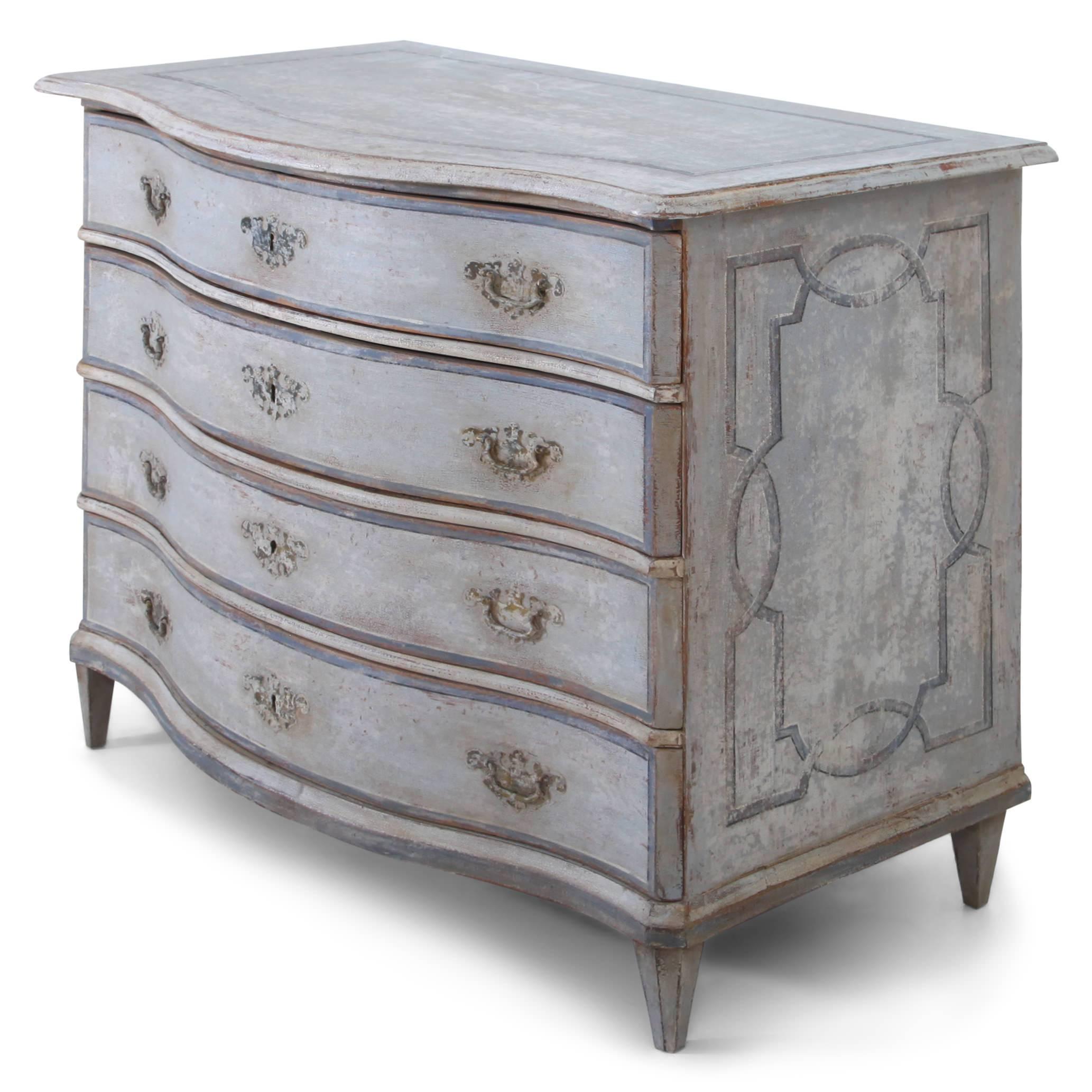 Four-drawered Baroque chest of drawers on tapered feet with a serpentine front. The grey paint with blue accents is new and has a decorative worn look to it.