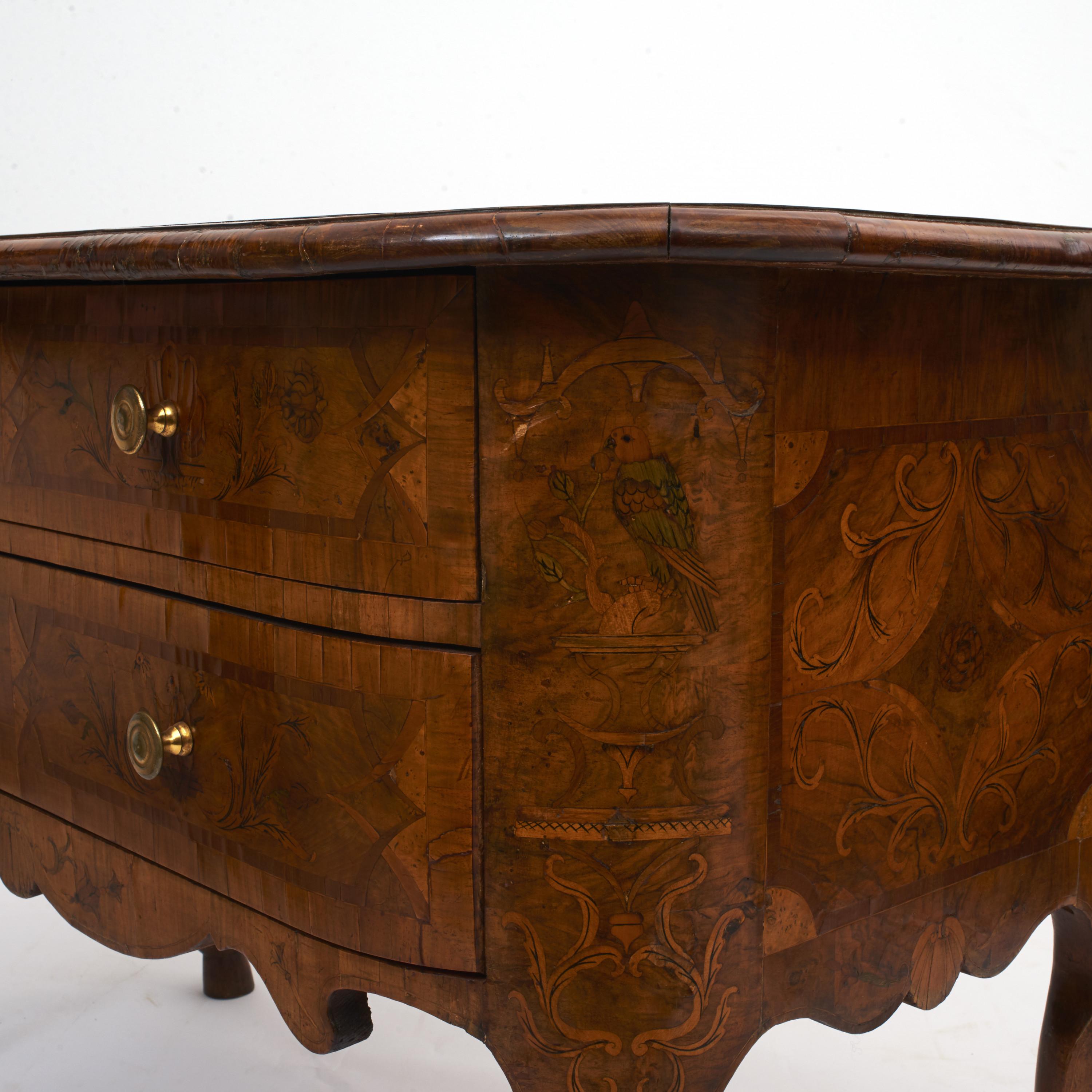 Stone Baroque Chest of Drawers Walnut veneer with Marquetry Deco. Castle Furniture For Sale