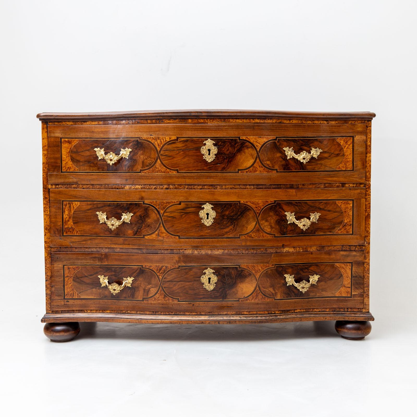 Polished Baroque Chest of Drawers in Walnut, Inlaywork and Bronze fittings, Mid-18th C. For Sale