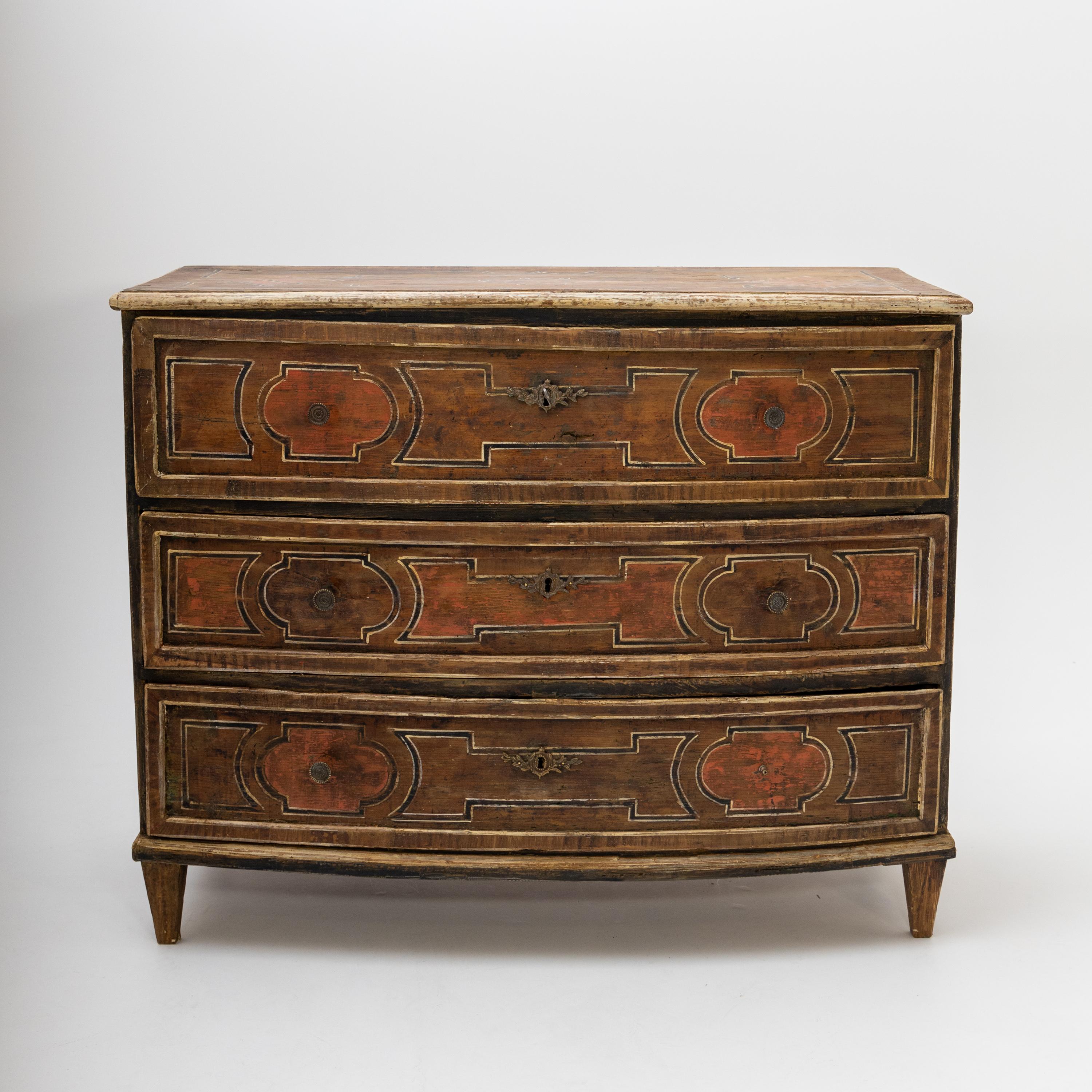 A three-bay baroque chest of drawers with original geometrically decoration on the drawer fronts and sides of the body, as well as on the top plate.
 