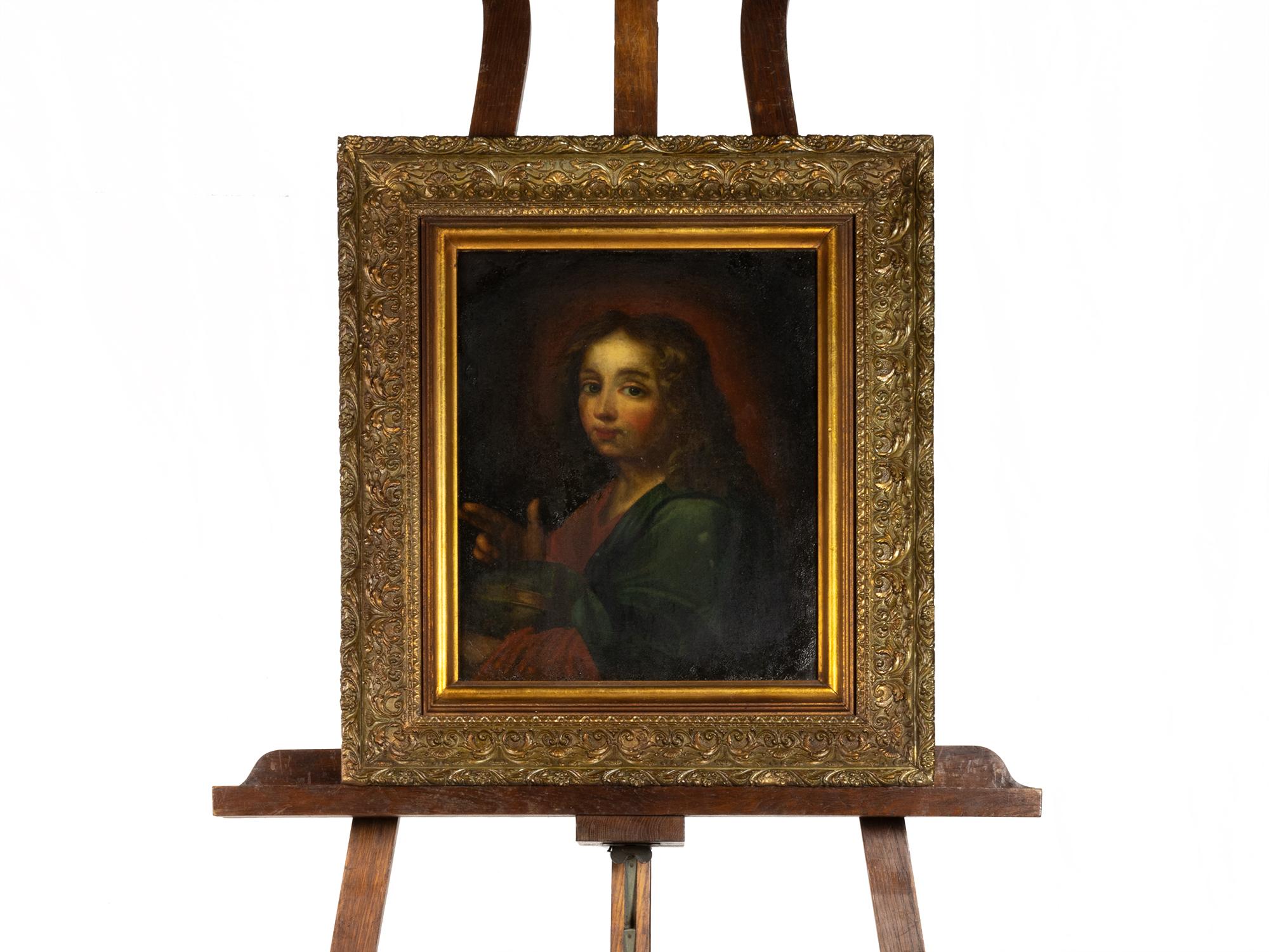  A 17th Century baroque painting of a sideview of Jesus Christ Salvator Mundi or Saviour of the World in sfumato 
Saint Savior of the World, a title given to Christ on the Catholic feast of the Transfiguration of Jesus celebrated on August 6,