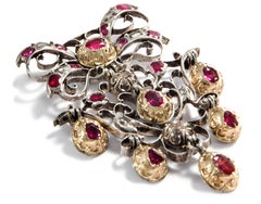 Baroque circa 1750, Ruby and Diamond Demi Parure Set of Earrings, Pendant & Ring