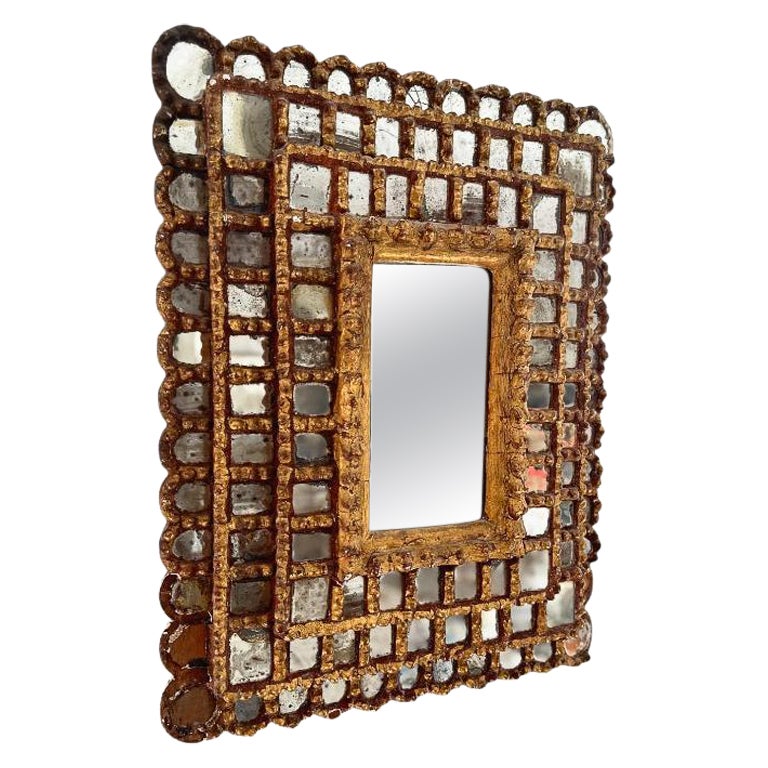 Baroque Colonial Large Rectangular Sunburst Mirror in Hardwood & Gold Leaf, 1925
