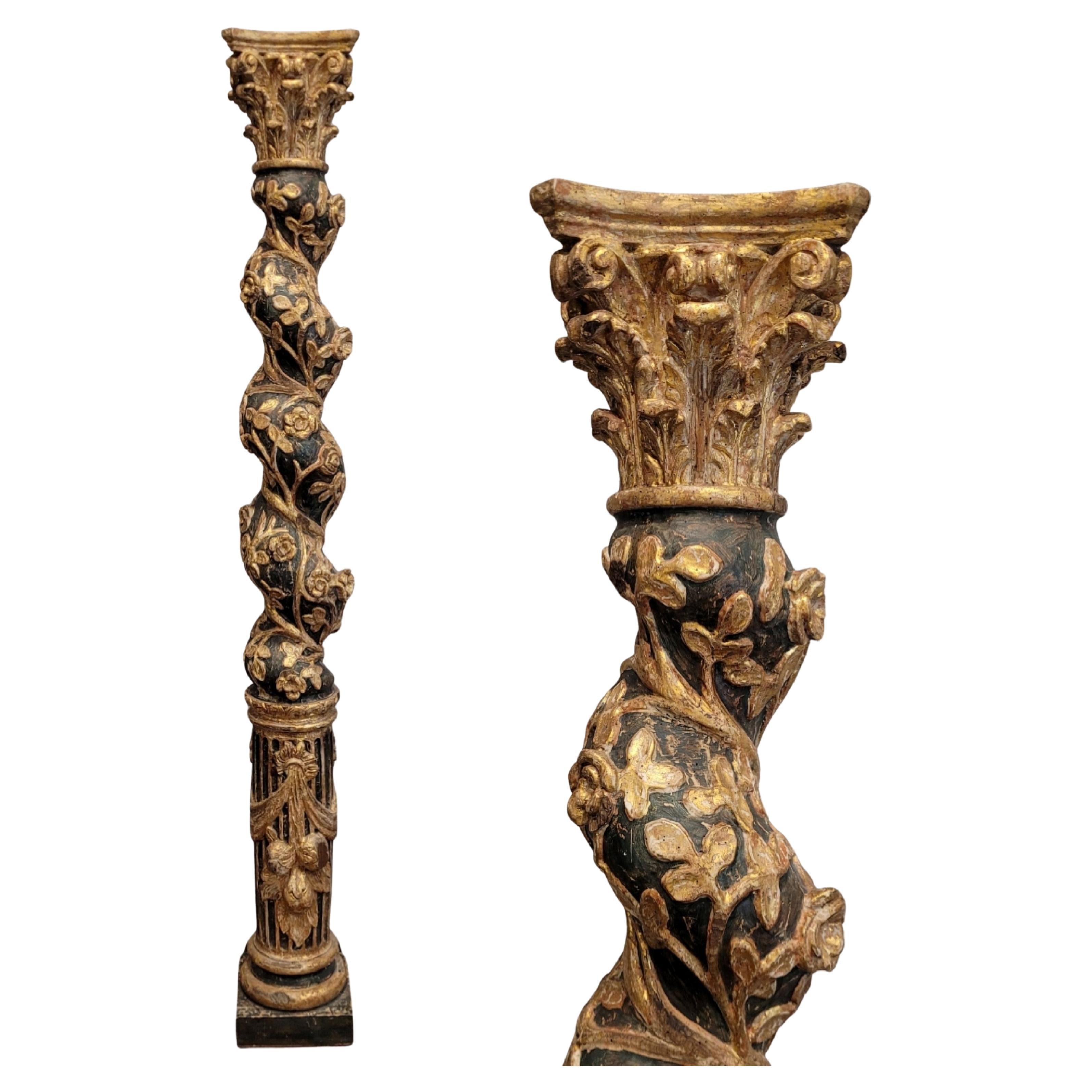Baroque Column, gilded and polychrome wood with flowers For Sale