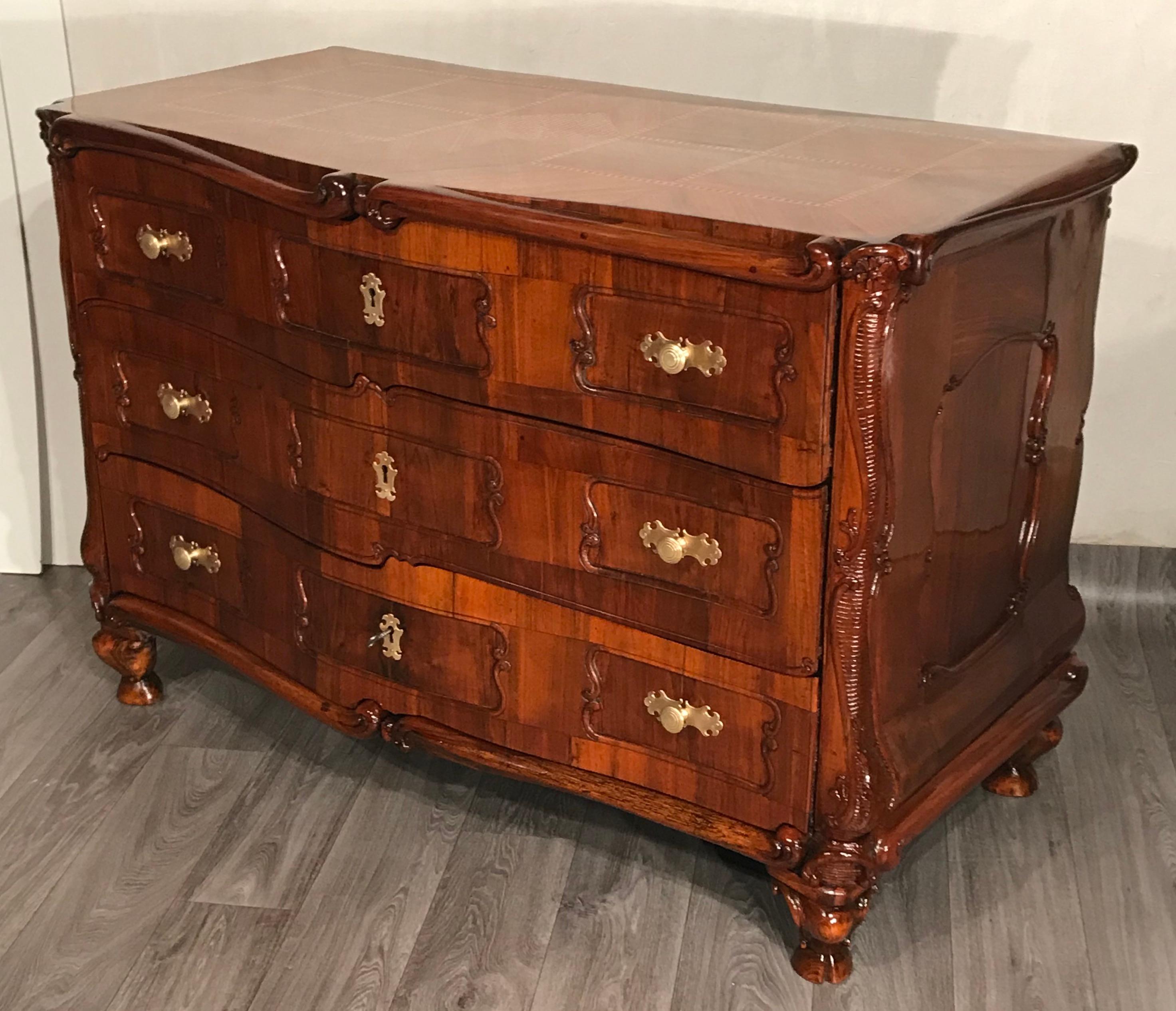 Hand-Carved Baroque Commode, Switzerland 18th Century, Walnut For Sale