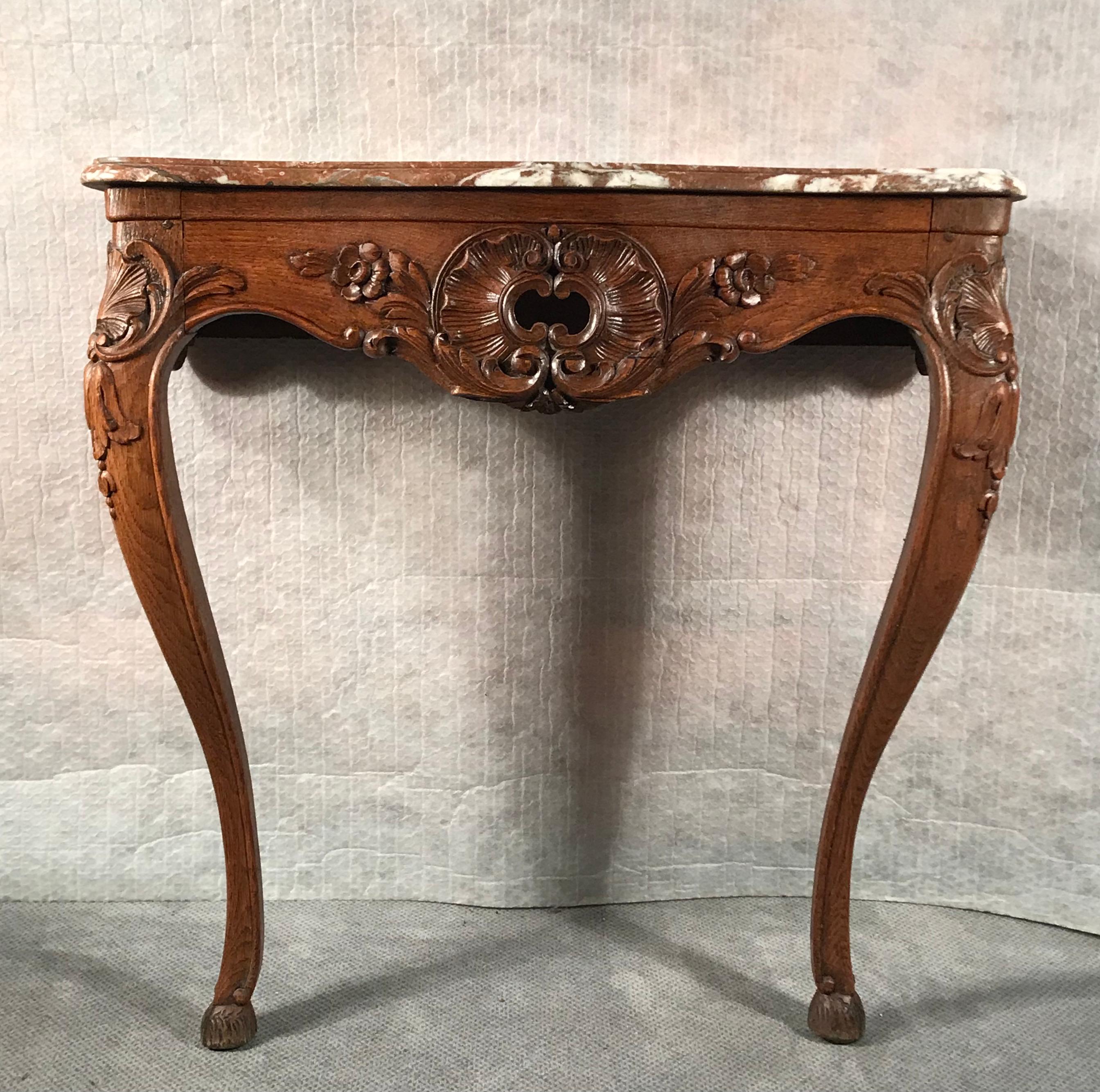 Hand-Carved Baroque Console Table, Germany 1750, Oak with Marble Top For Sale