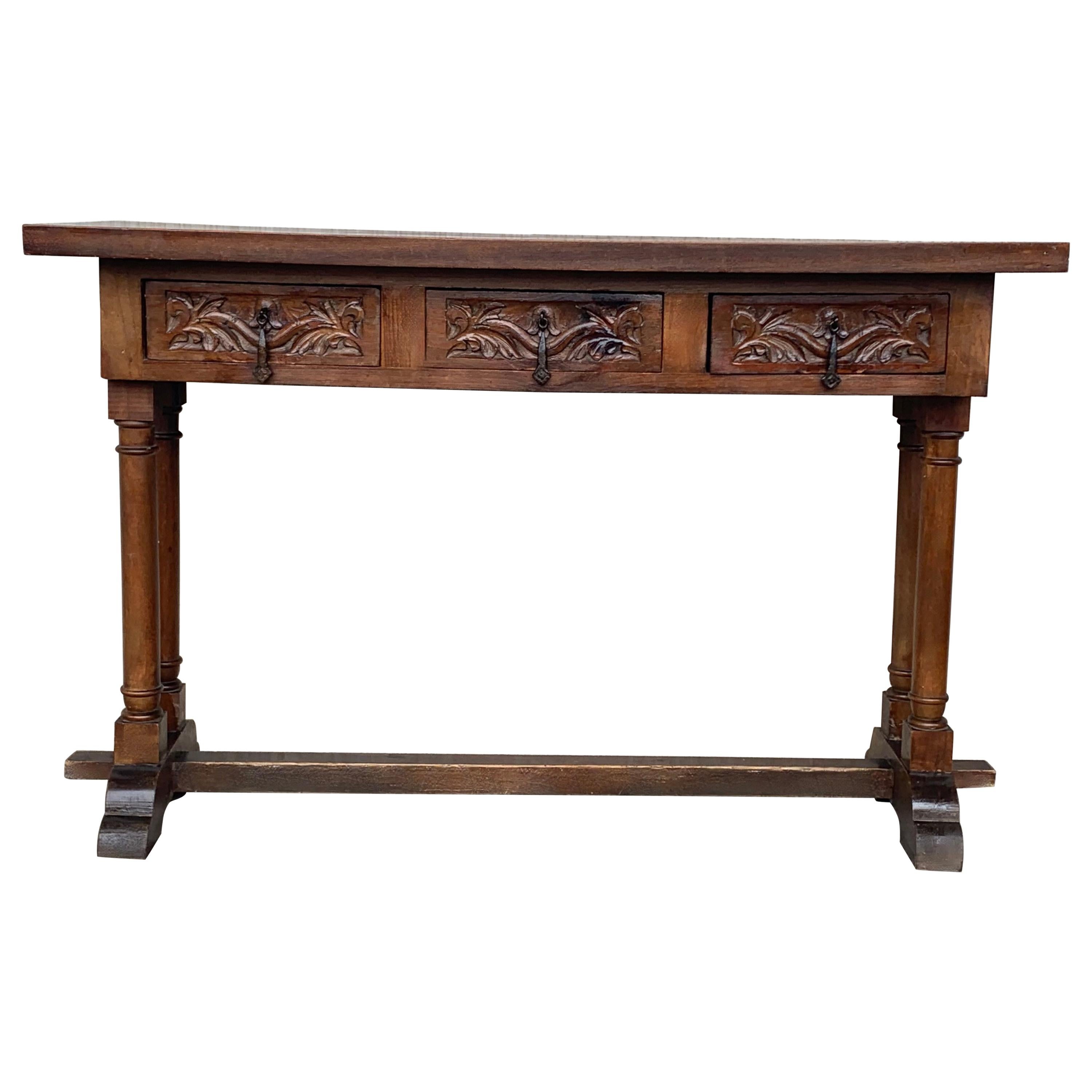 Baroque Console Table in Walnut with Three Carved Drawers and Stretcher