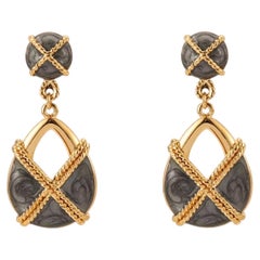 Baroque Cross Ripple Deep Grey Enamel Gold Openwork Tear Drop Clip Earrings