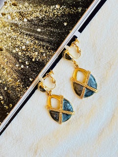 Baroque Cross Ripple Deep Grey Enamel Openwork Tear Drop Gold Clip Earrings