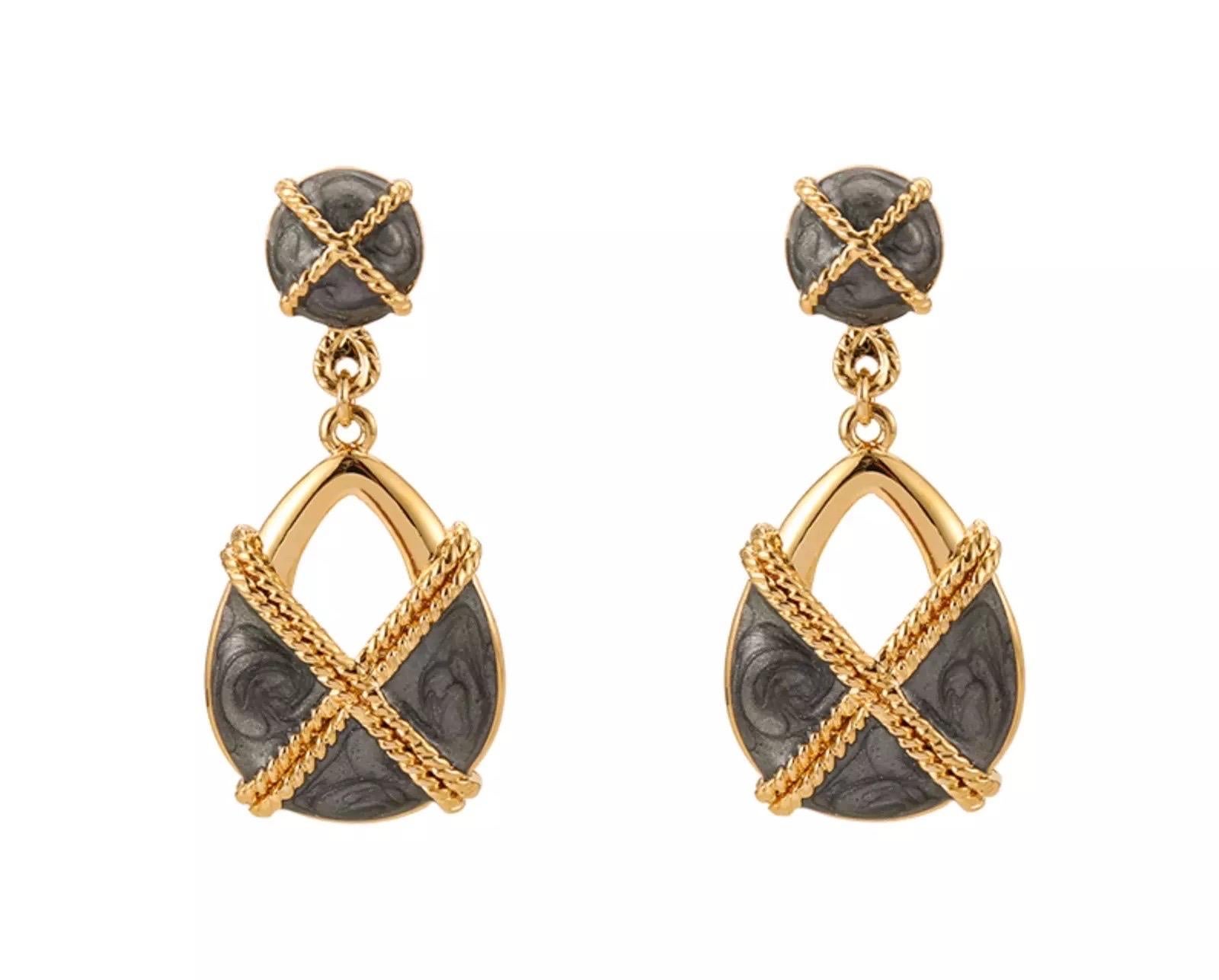 Baroque Cross Ripple Deep Grey Enamel Openwork Tear Drop Gold Clip Earrings For Sale 1
