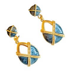 Baroque Cross Ripple Deep Grey Enamel Openwork Tear Drop Gold Clip Earrings