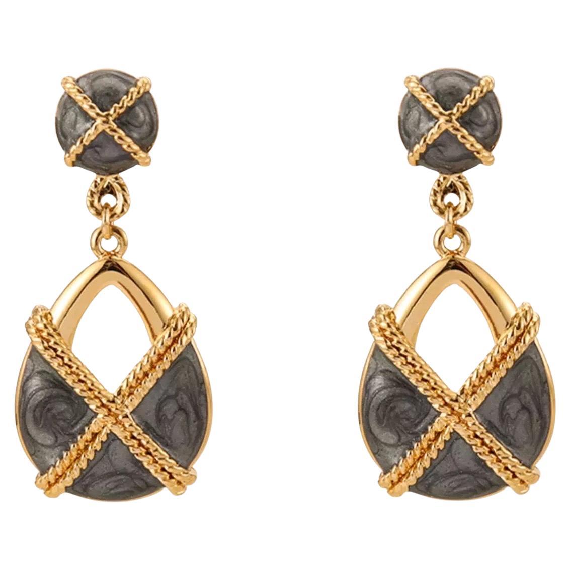 Baroque Cross Ripple Deep Grey Enamel Openwork Tear Drop Gold Clip Earrings For Sale