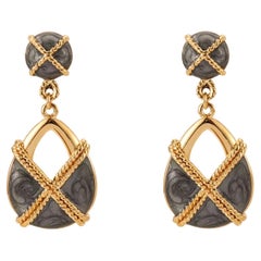 Baroque Cross Ripple Deep Grey Enamel Openwork Tear Drop Gold Clip Earrings