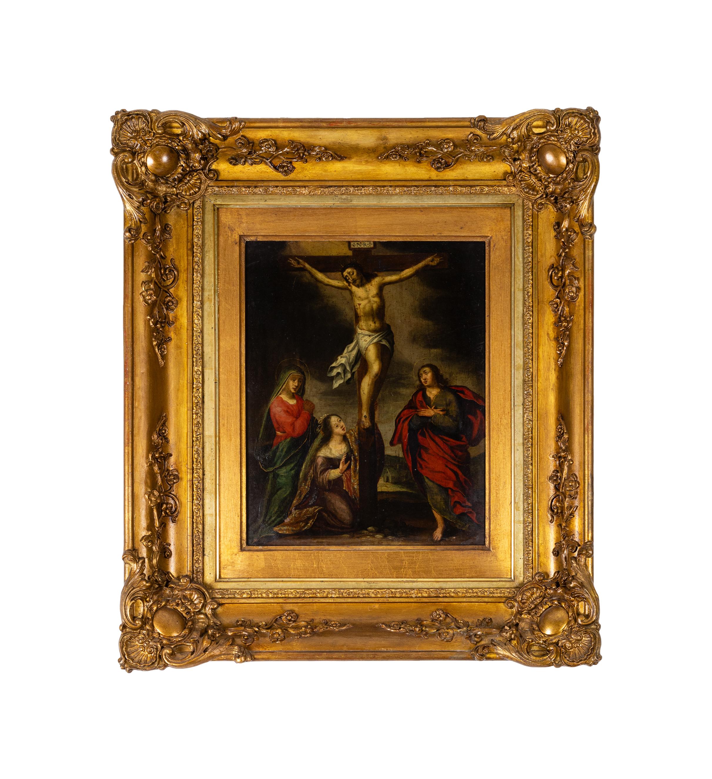 This 17th century Italian Baroque painting, executed in oil on copper, depicts the Crucifixion of Christ with remarkable depth and dramatic composition. 
Christ is shown on the cross, accompanied by the Three Marys - Mary Magdalene, Mary Salome, and