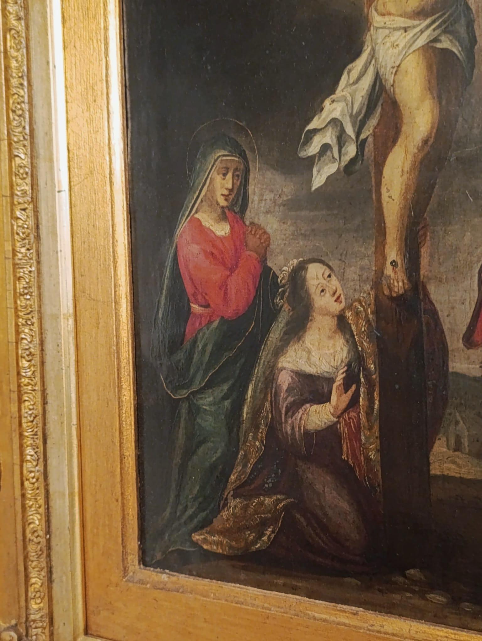A olio Crocifissione barocca di Cristo, dipinto religioso, olio su rame, XVII secolo in vendita